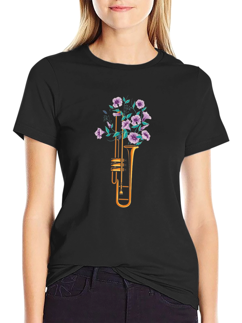 Floral Trumpet Graphic Tee - Black