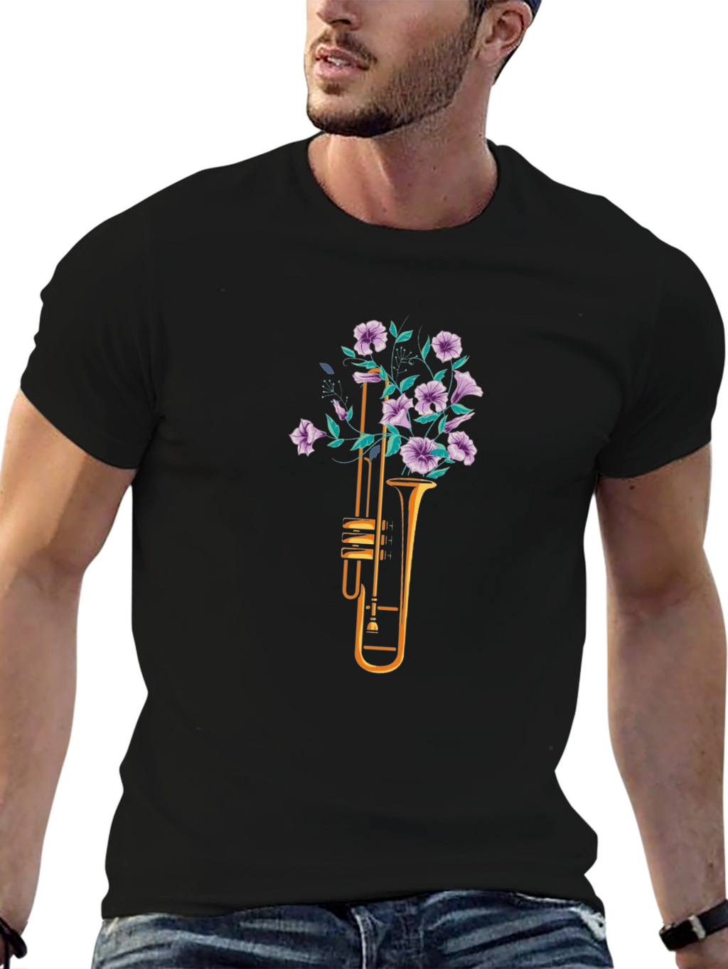 Floral Trumpet Graphic Tee - Black
