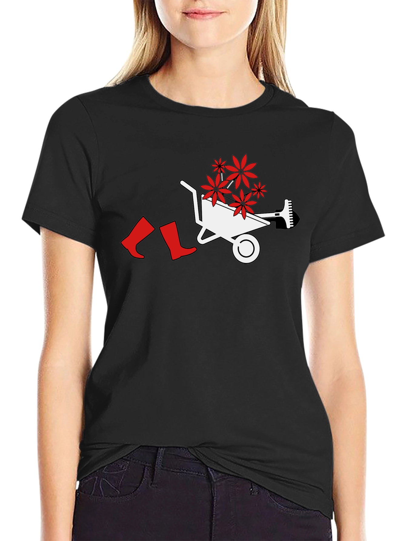 Gardening Humor Tee: Wheelbarrow Flowers & Boots Graphic T-Shirt