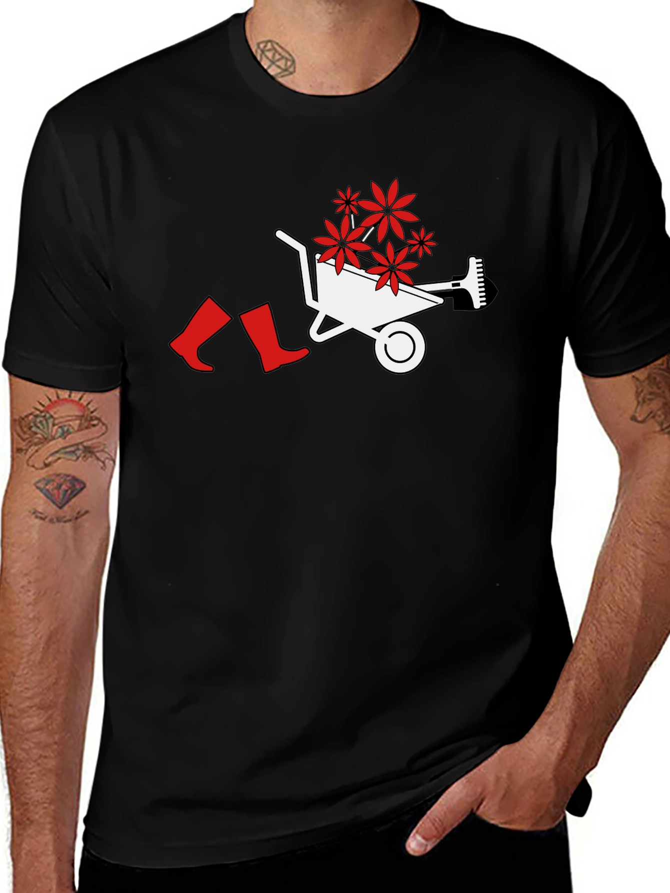 Gardening Humor Tee: Wheelbarrow Flowers & Boots Graphic T-Shirt
