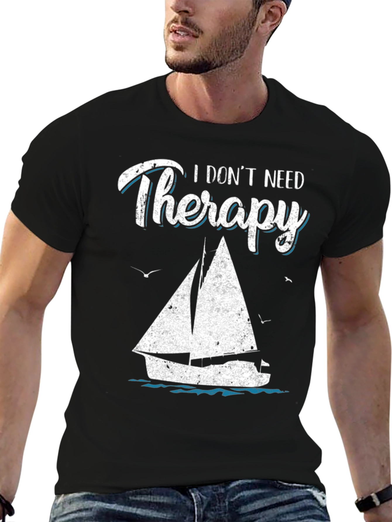 Sailboat Therapy Graphic T-Shirt: Black Cotton Tee