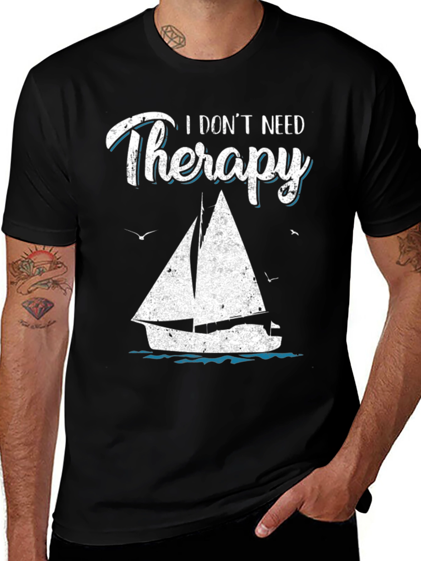 Sailboat Therapy Graphic T-Shirt: Black Cotton Tee