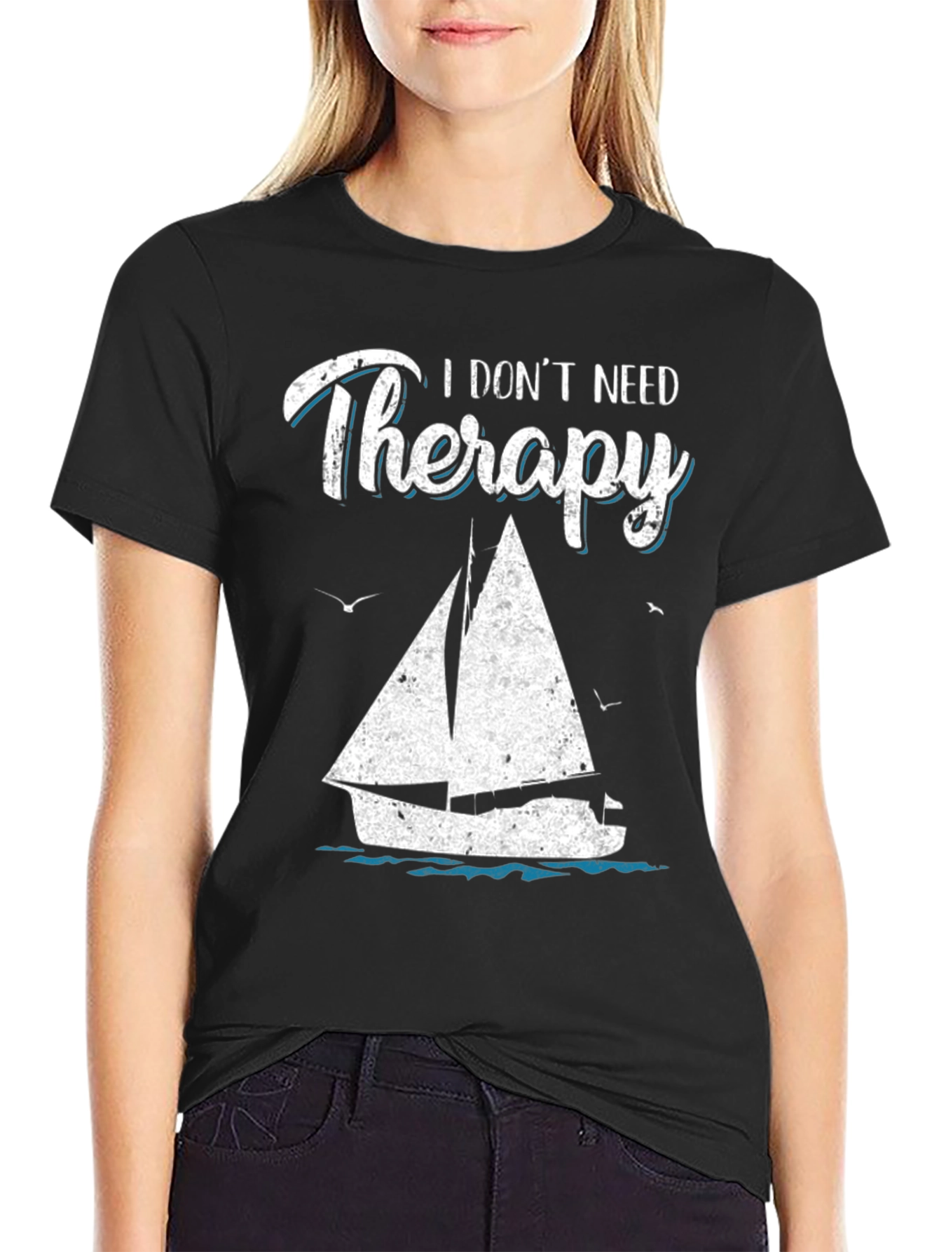 Sailboat Therapy Graphic T-Shirt: Black Cotton Tee