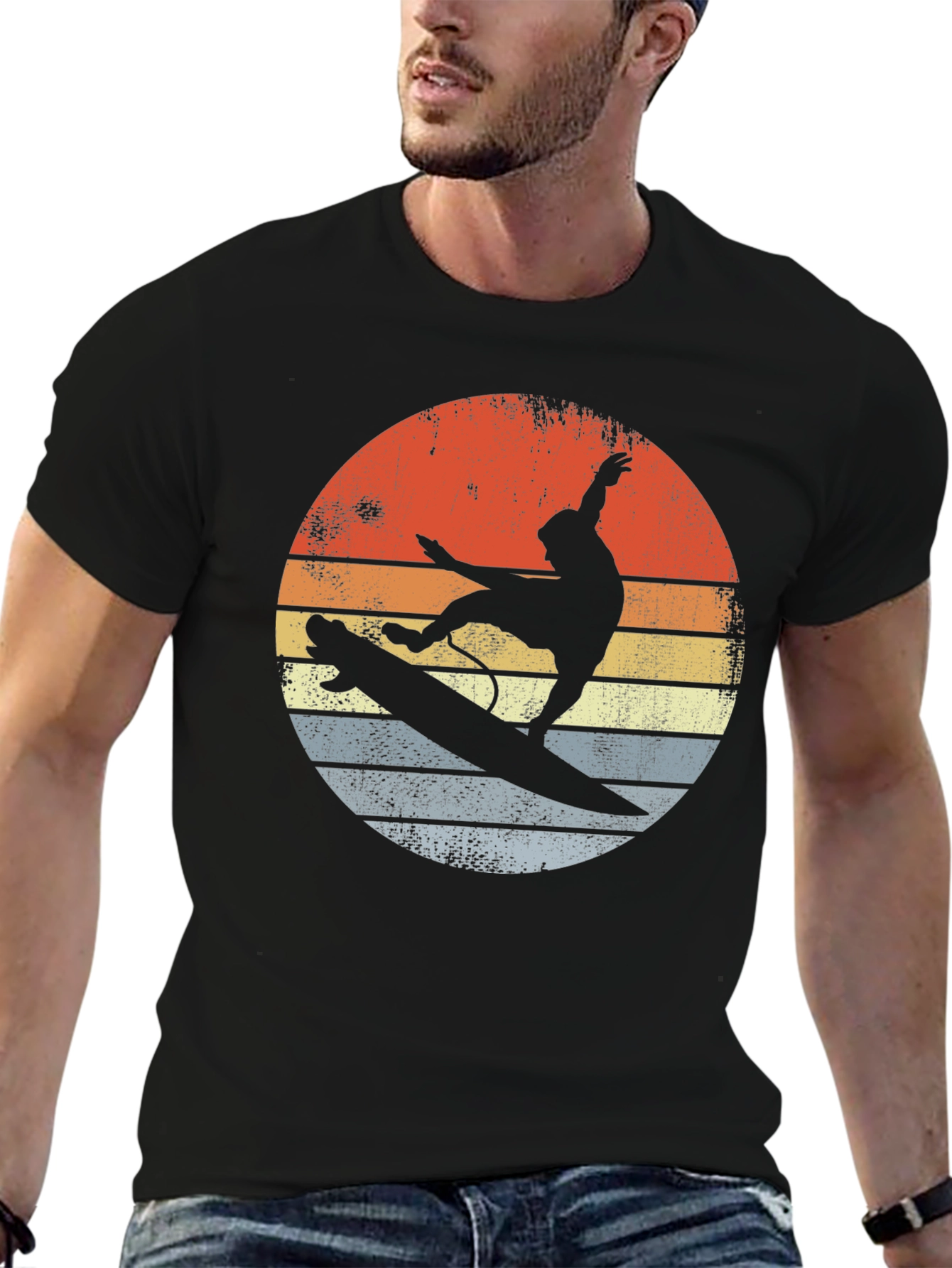 Retro Sunset Surfer Graphic Tee - Black