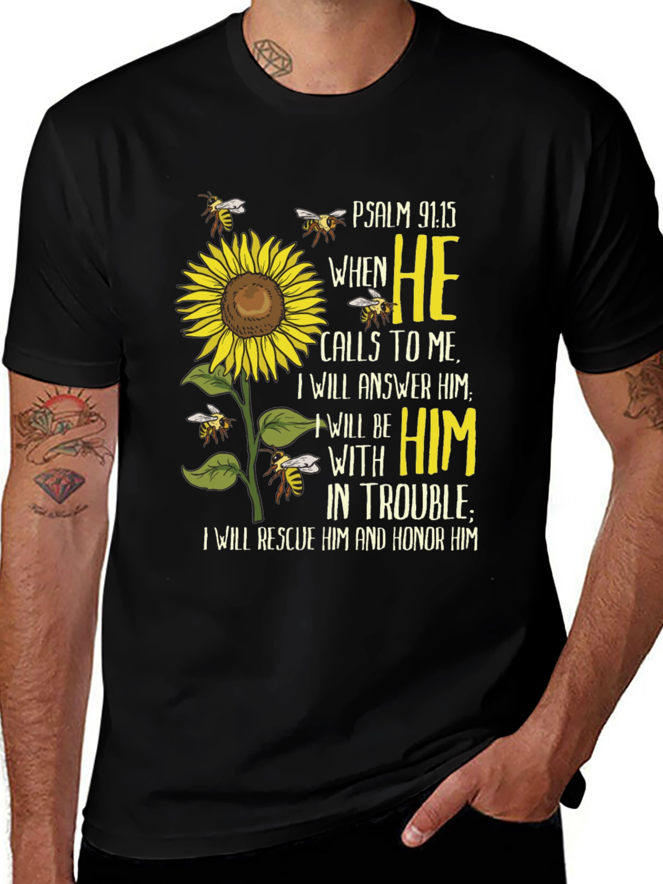 Psalm 91:15 Sunflower Christian T-Shirt