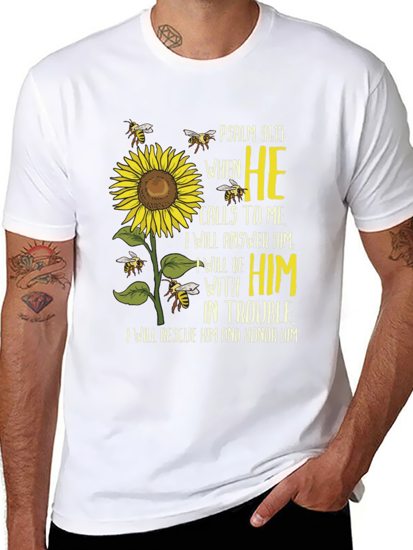 Psalm 91:15 Sunflower Christian T-Shirt