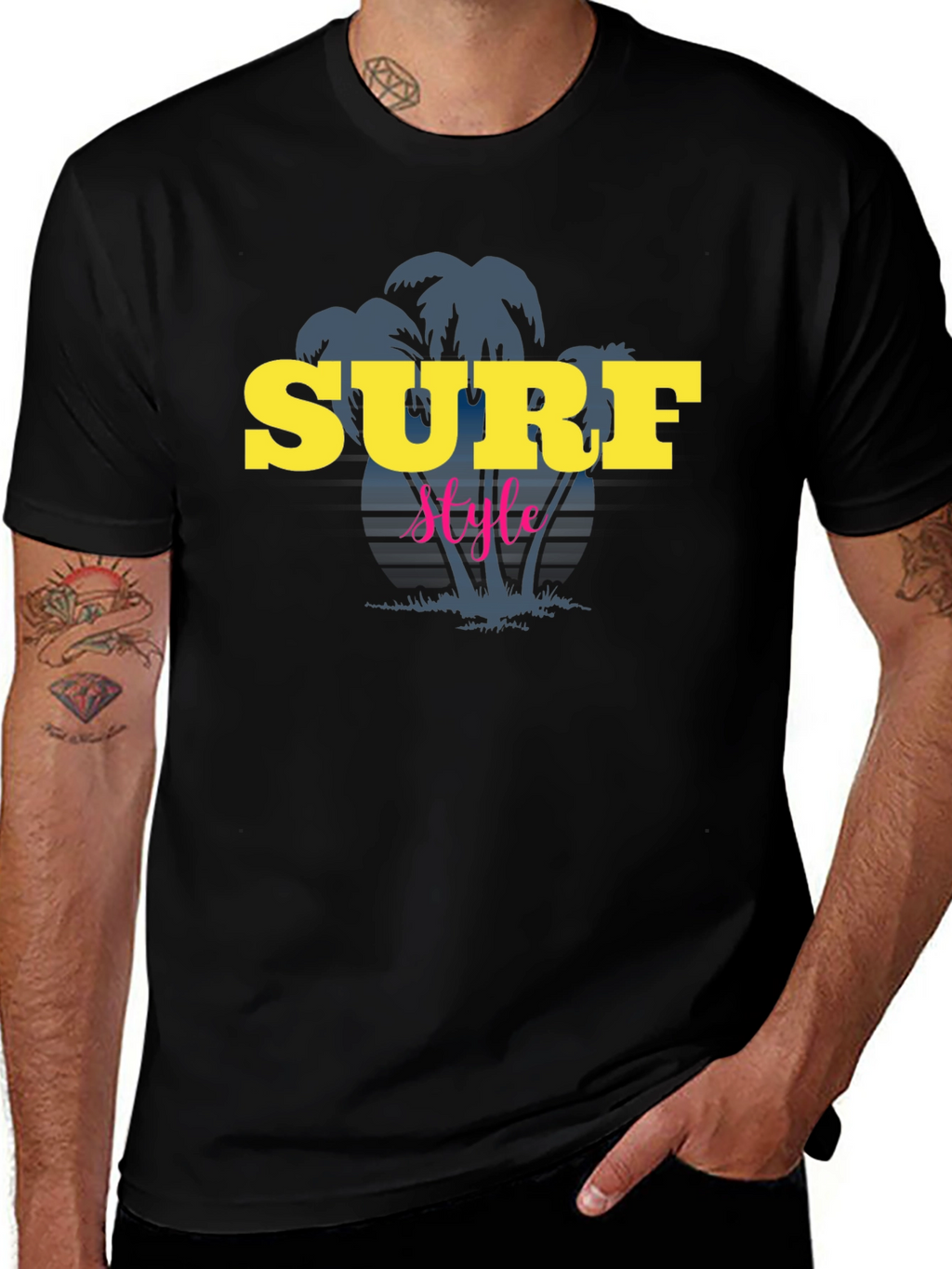 Surf Style Graphic Tee - Black Cotton T-Shirt