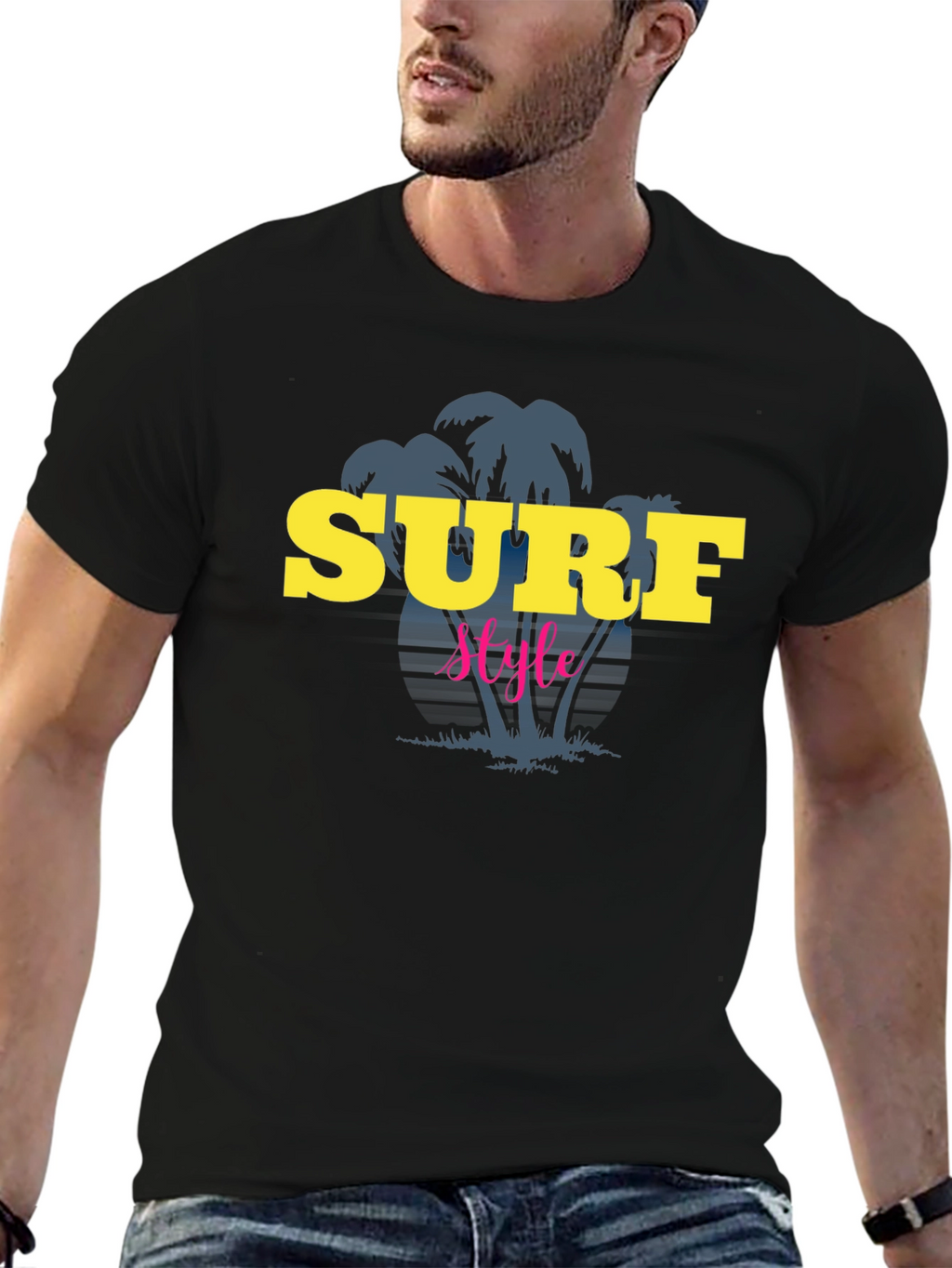 Surf Style Graphic Tee - Black Cotton T-Shirt