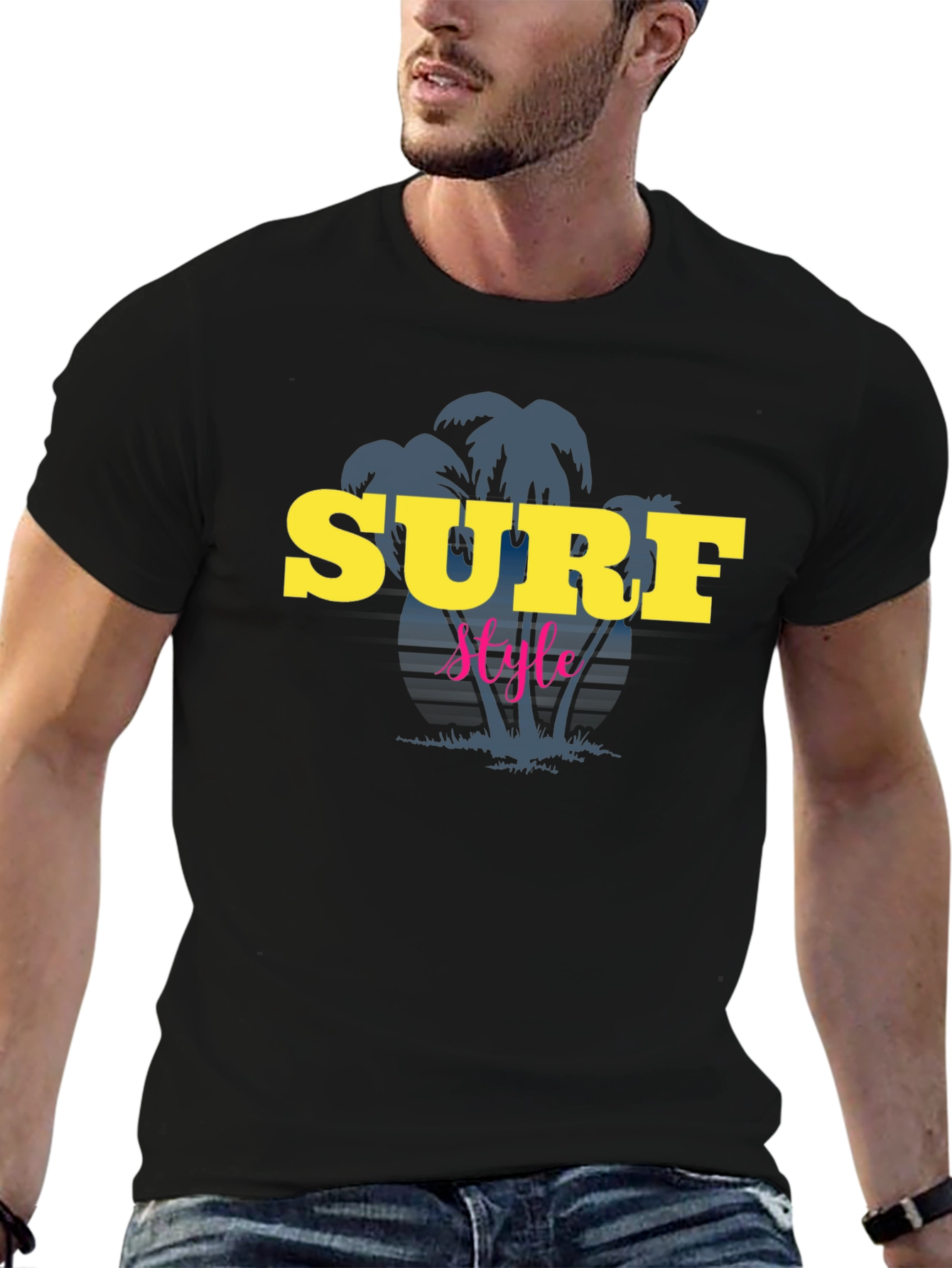 Surf Style Graphic Tee - Black Cotton T-Shirt