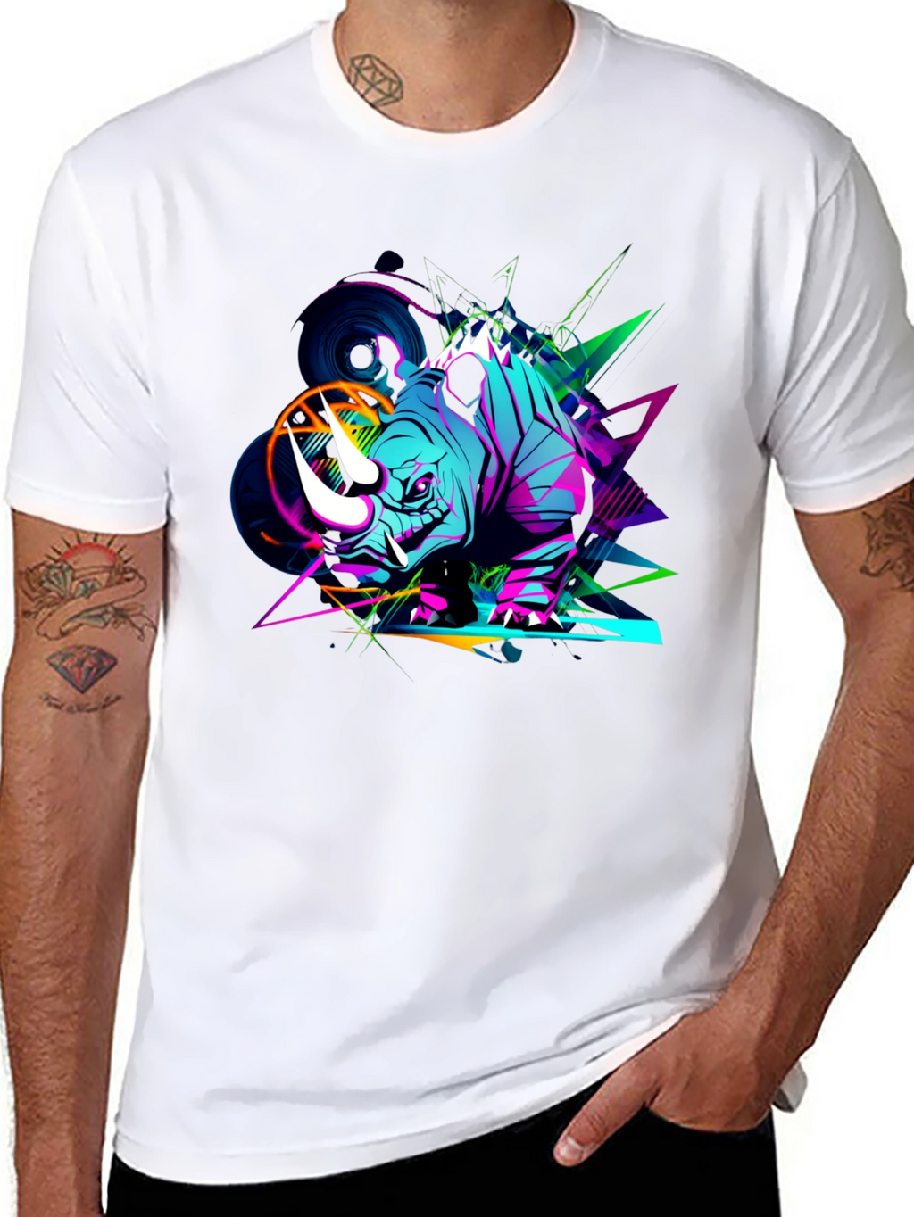 Vibrant Rhino Graphic Tee - Black Cotton T-Shirt