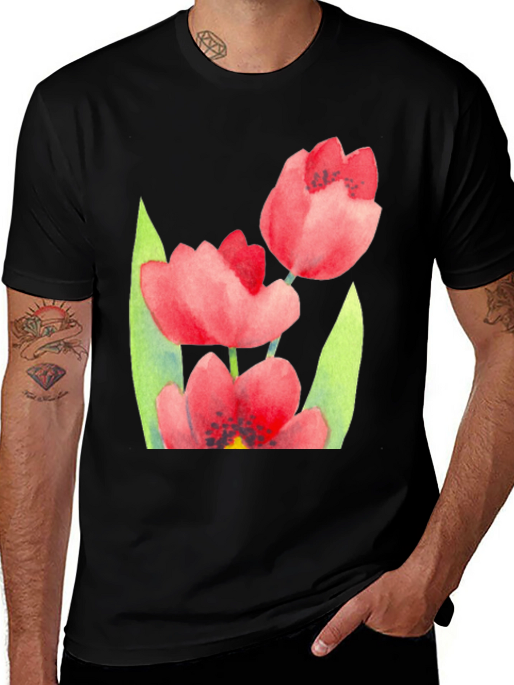 Floral Print Black T-Shirt - Stylish Tulip Design
