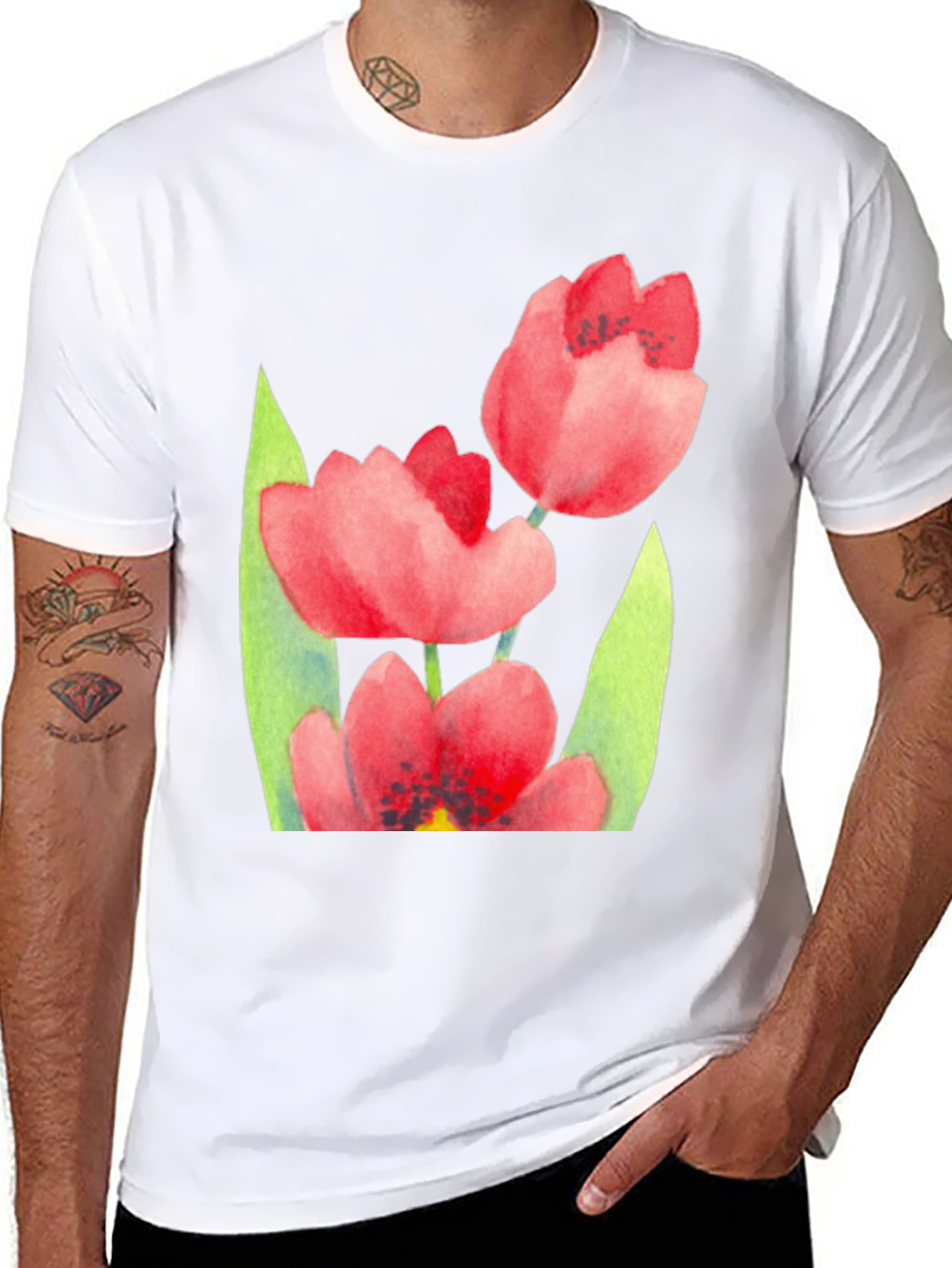 Floral Print Black T-Shirt - Stylish Tulip Design