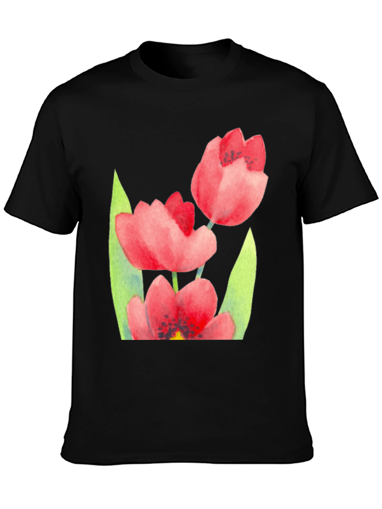 Floral Print Black T-Shirt - Stylish Tulip Design