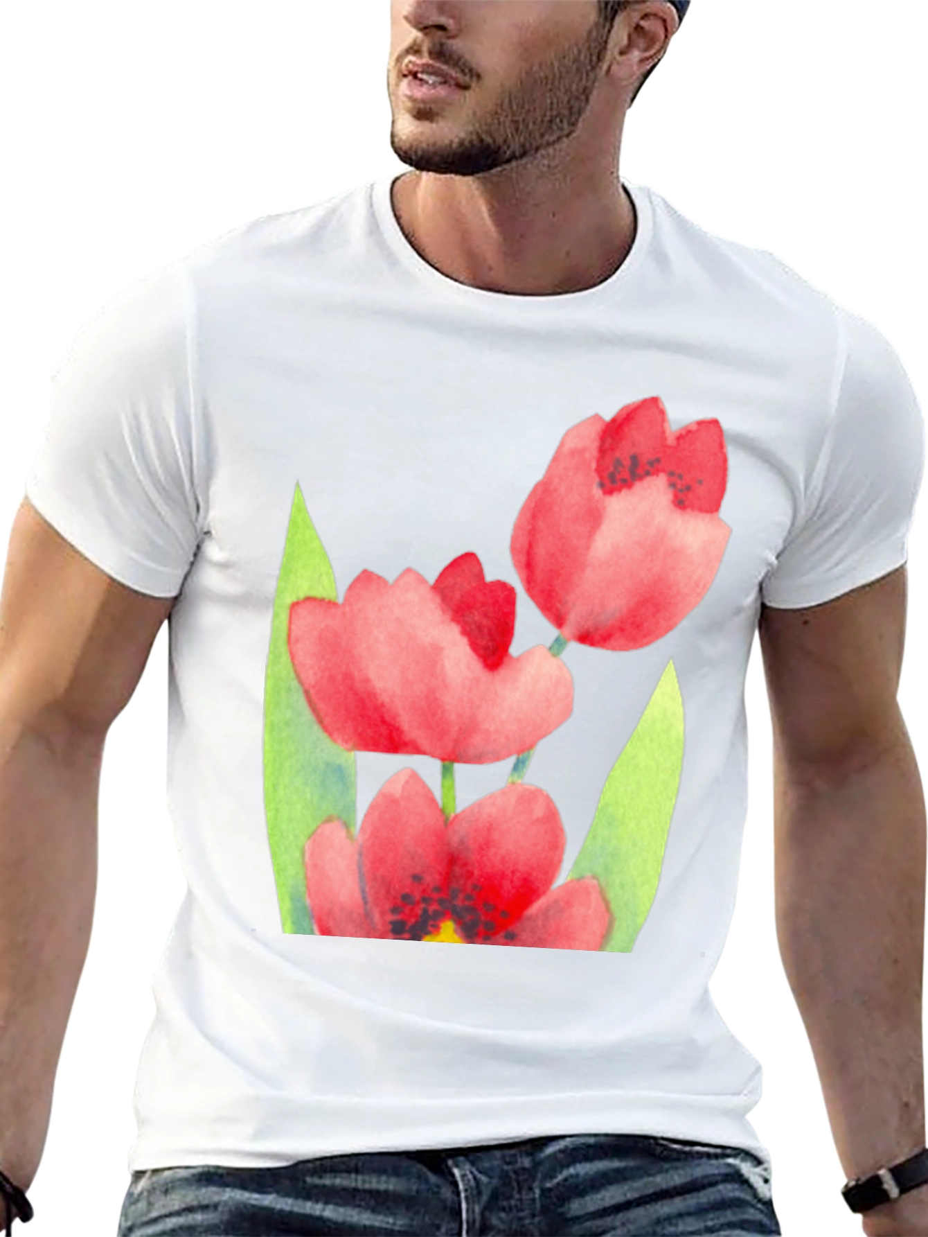 Floral Print Black T-Shirt - Stylish Tulip Design