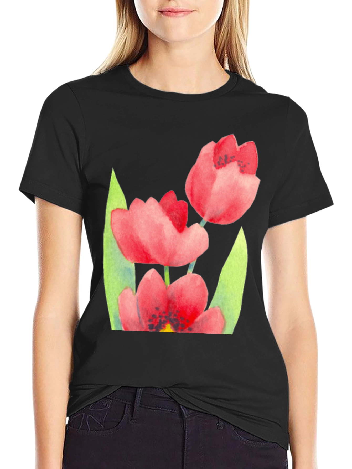 Floral Print Black T-Shirt - Stylish Tulip Design