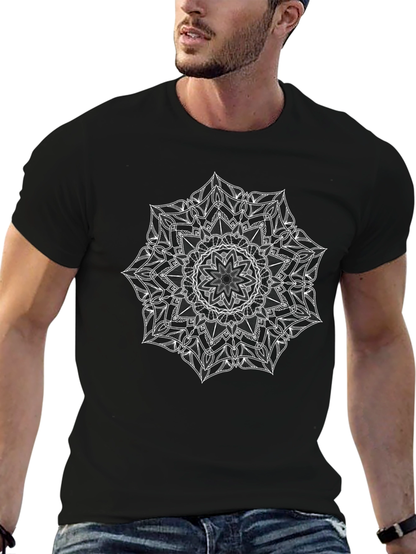 Black Tee with White Mandala Print