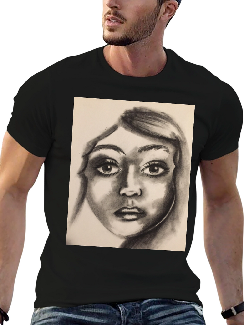 Charcoal Portrait Graphic Tee - Black