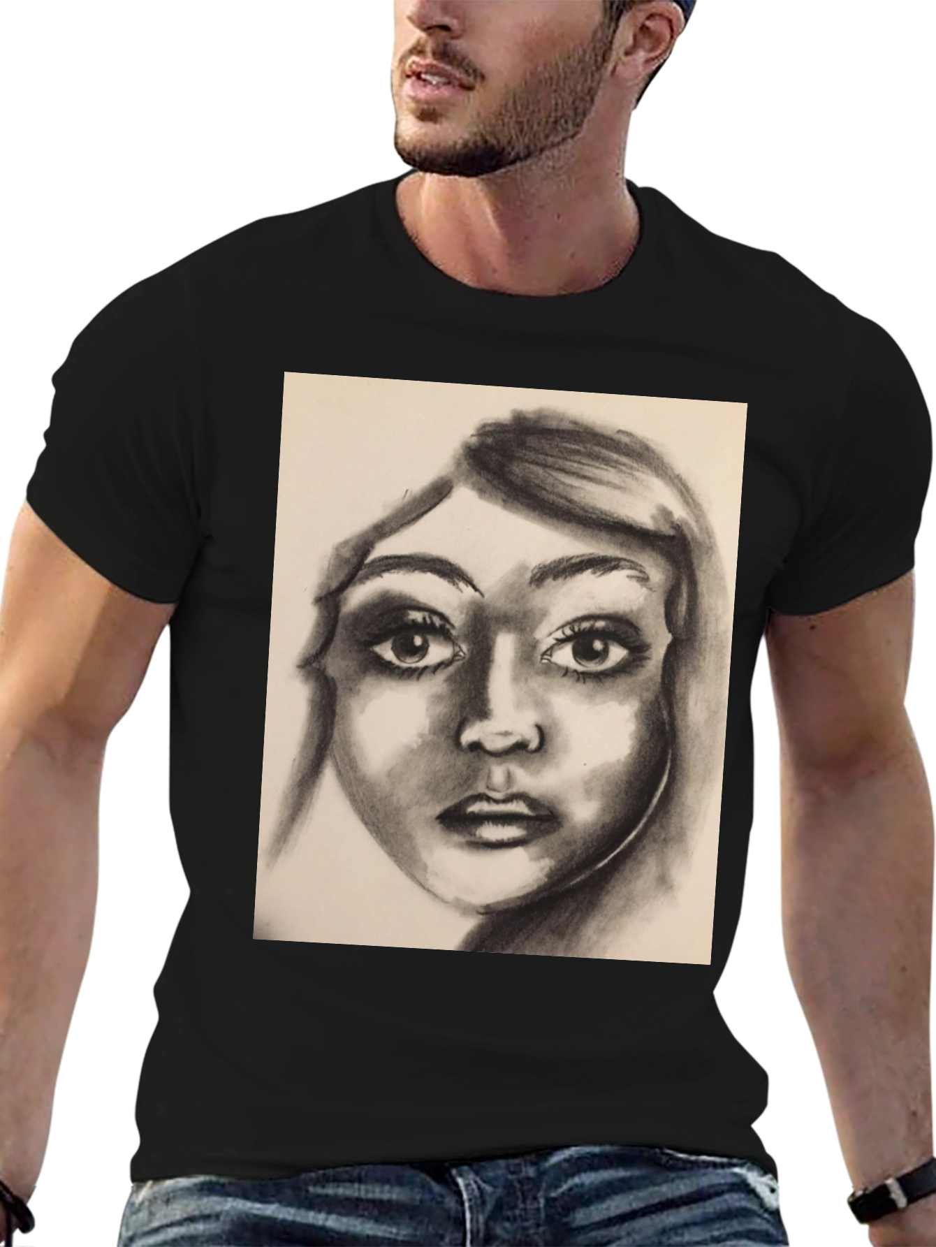 Charcoal Portrait Graphic Tee - Black
