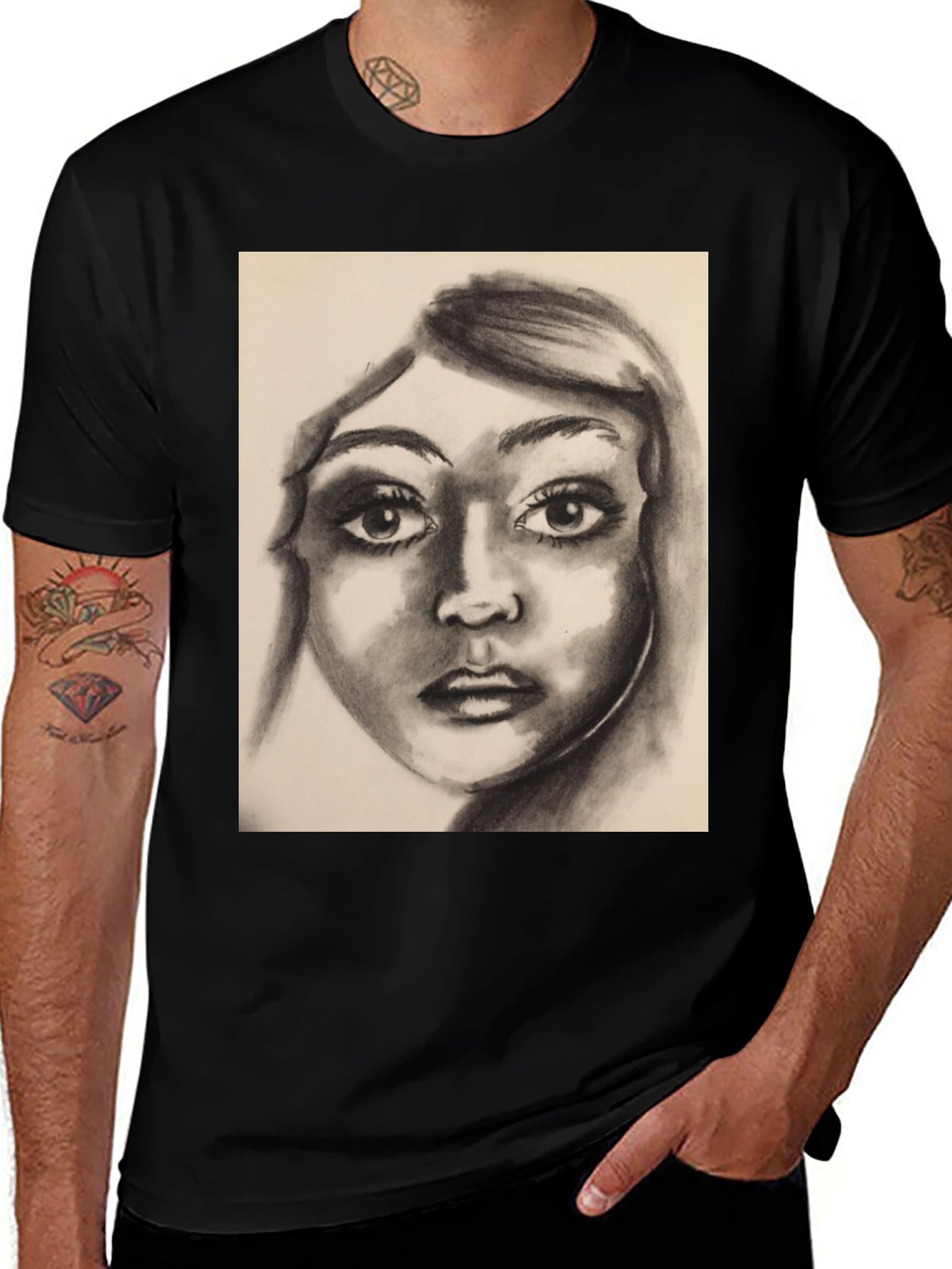 Charcoal Portrait Graphic Tee - Black