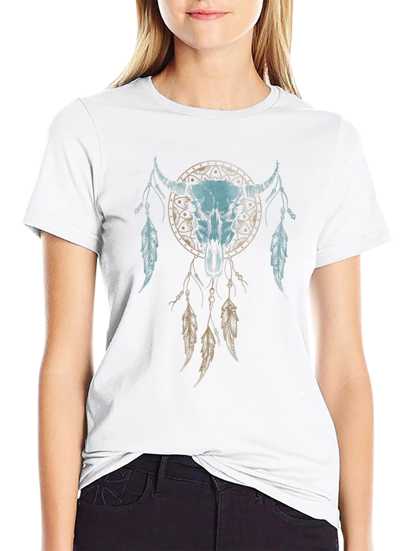 Dreamcatcher Bull Skull Graphic Tee - Unisex Black T-Shirt