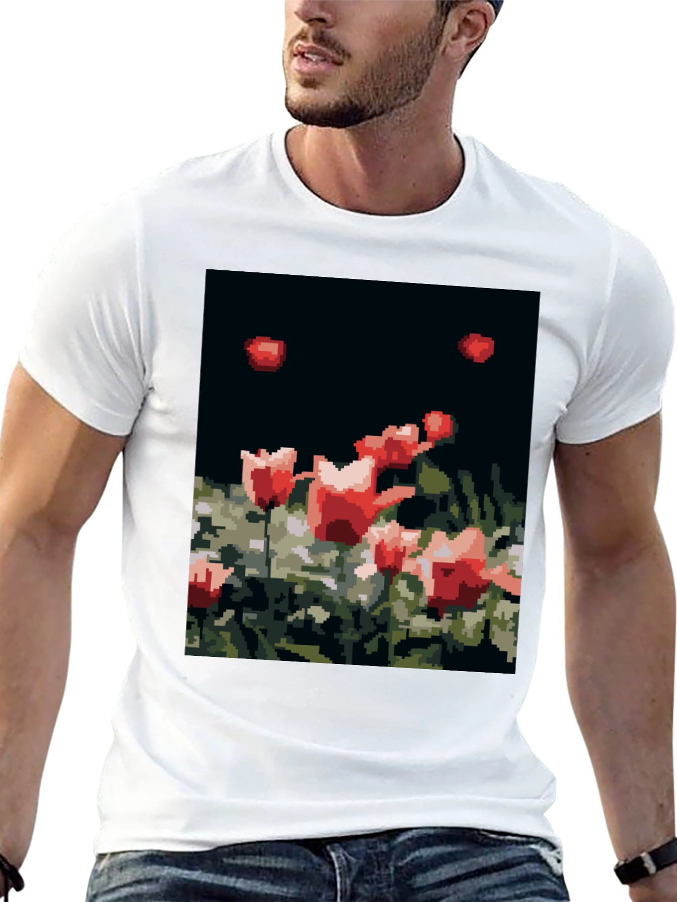 Pixelated Tulips Black T-Shirt