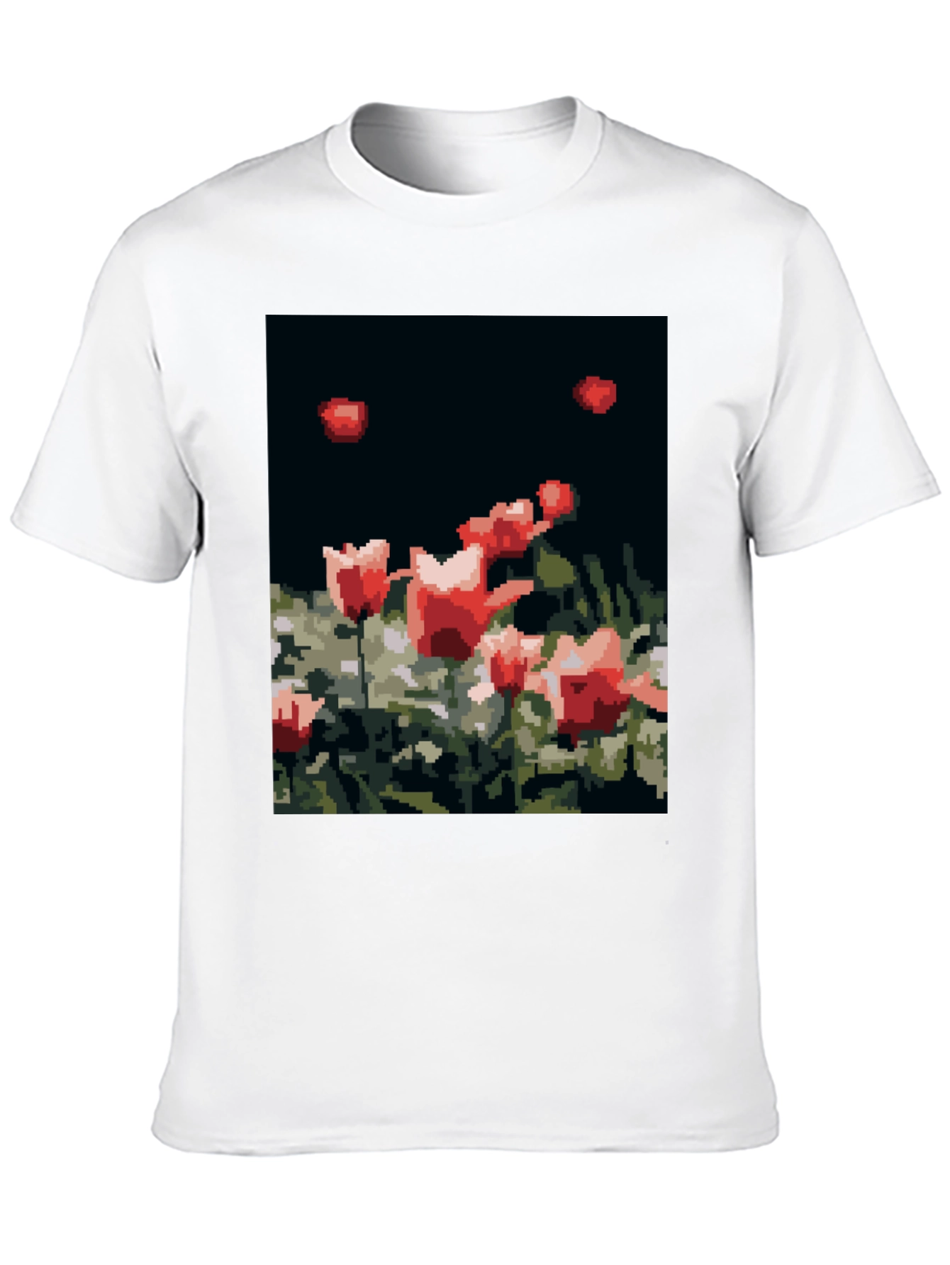 Pixelated Tulips Black T-Shirt