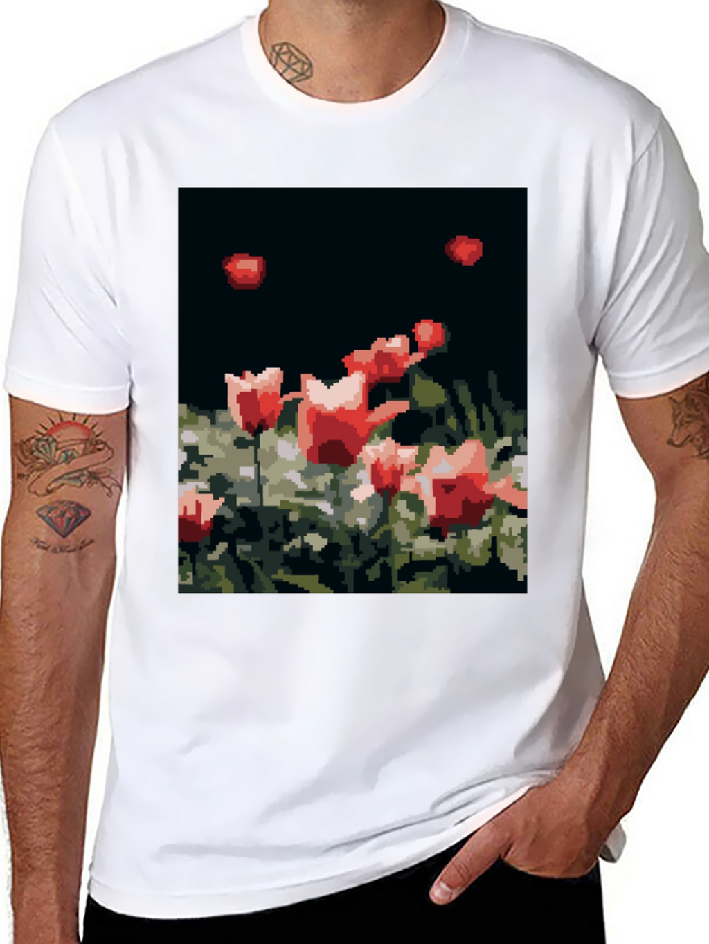 Pixelated Tulips Black T-Shirt