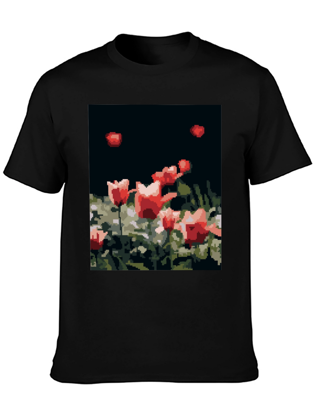 Pixelated Tulips Black T-Shirt