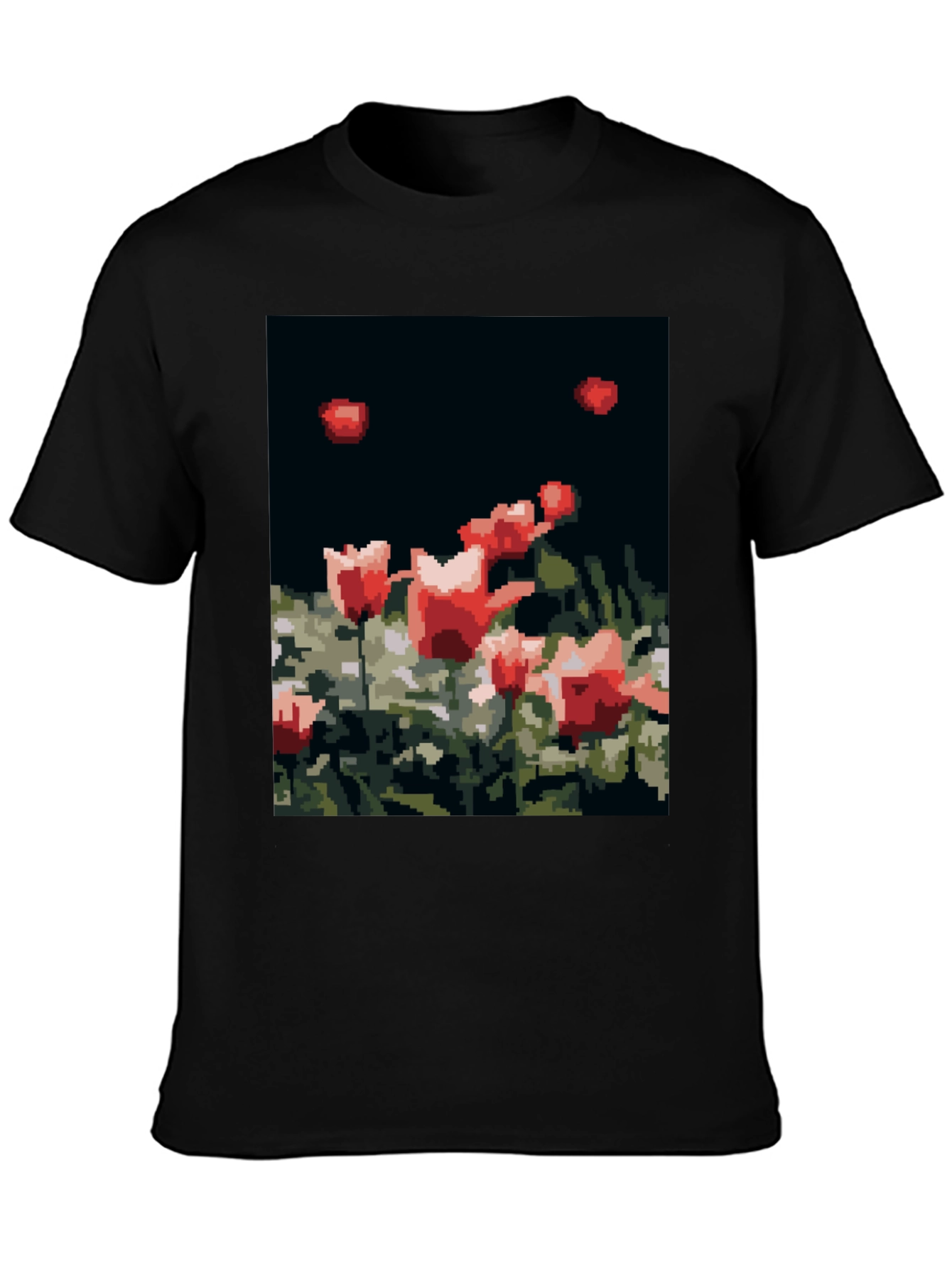 Pixelated Tulips Black T-Shirt