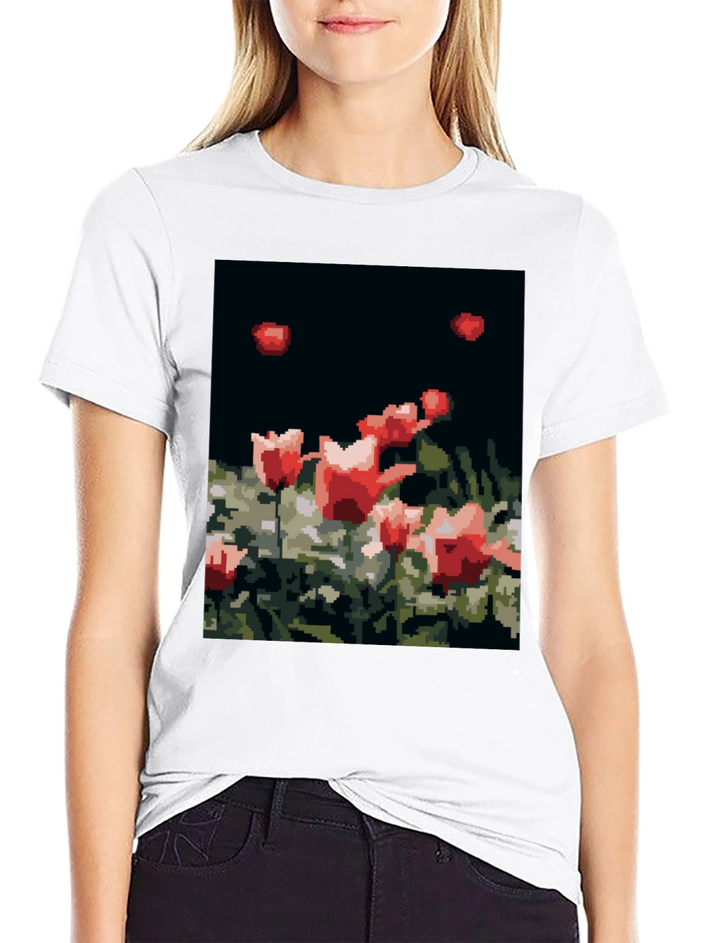 Pixelated Tulips Black T-Shirt