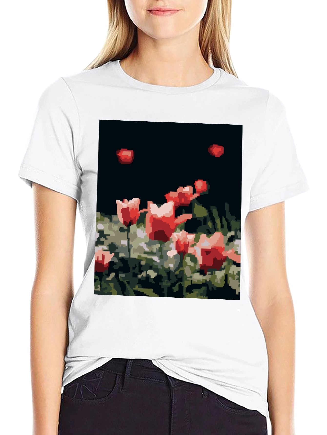 Pixelated Tulips Black T-Shirt