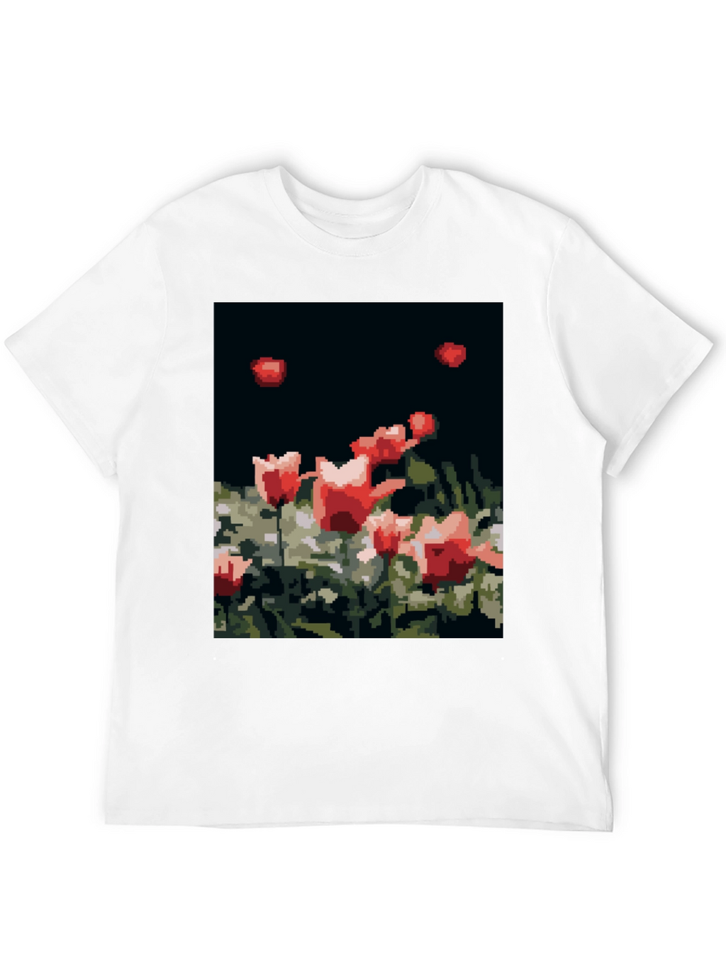 Pixelated Tulips Black T-Shirt