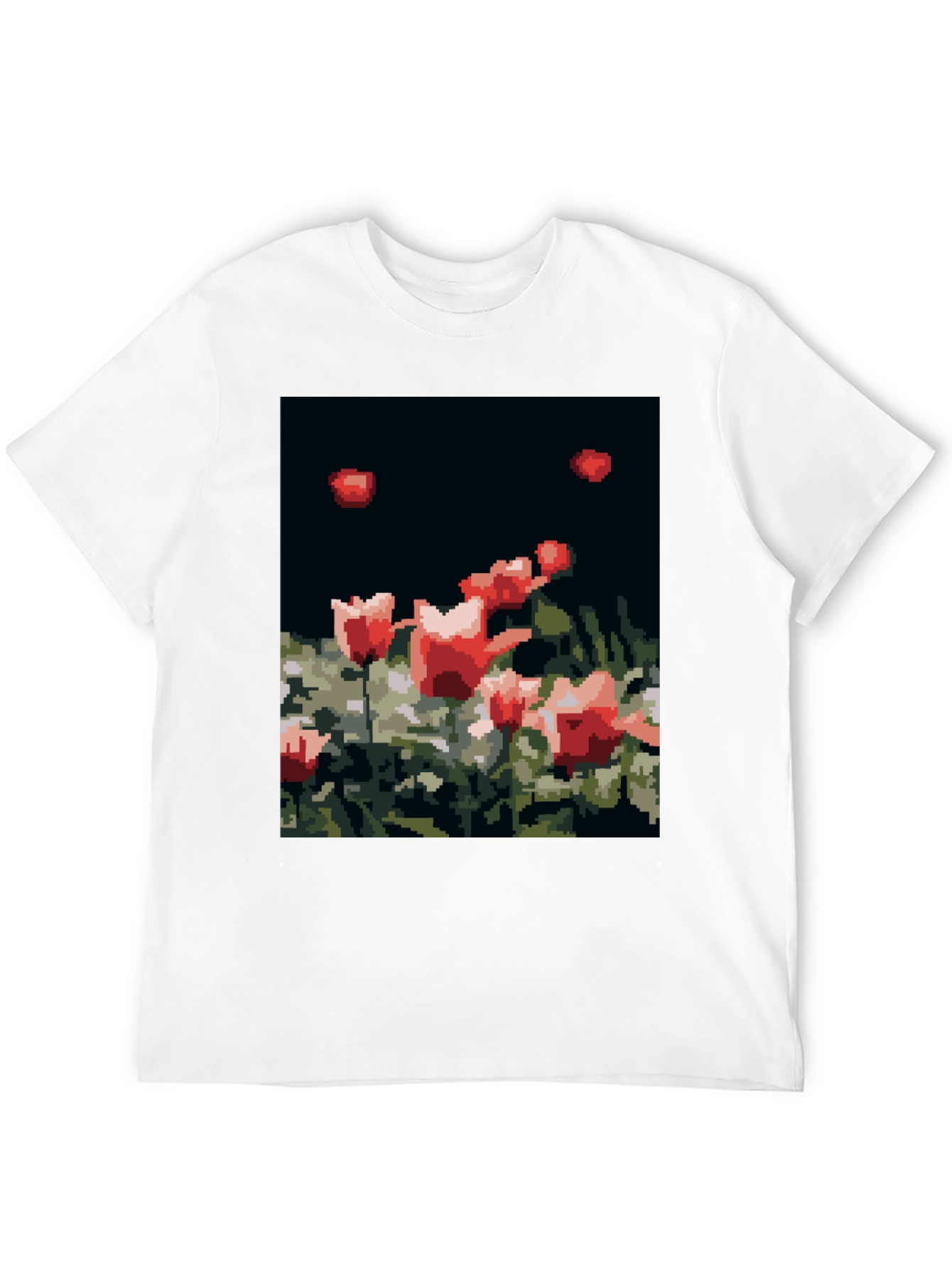 Pixelated Tulips Black T-Shirt