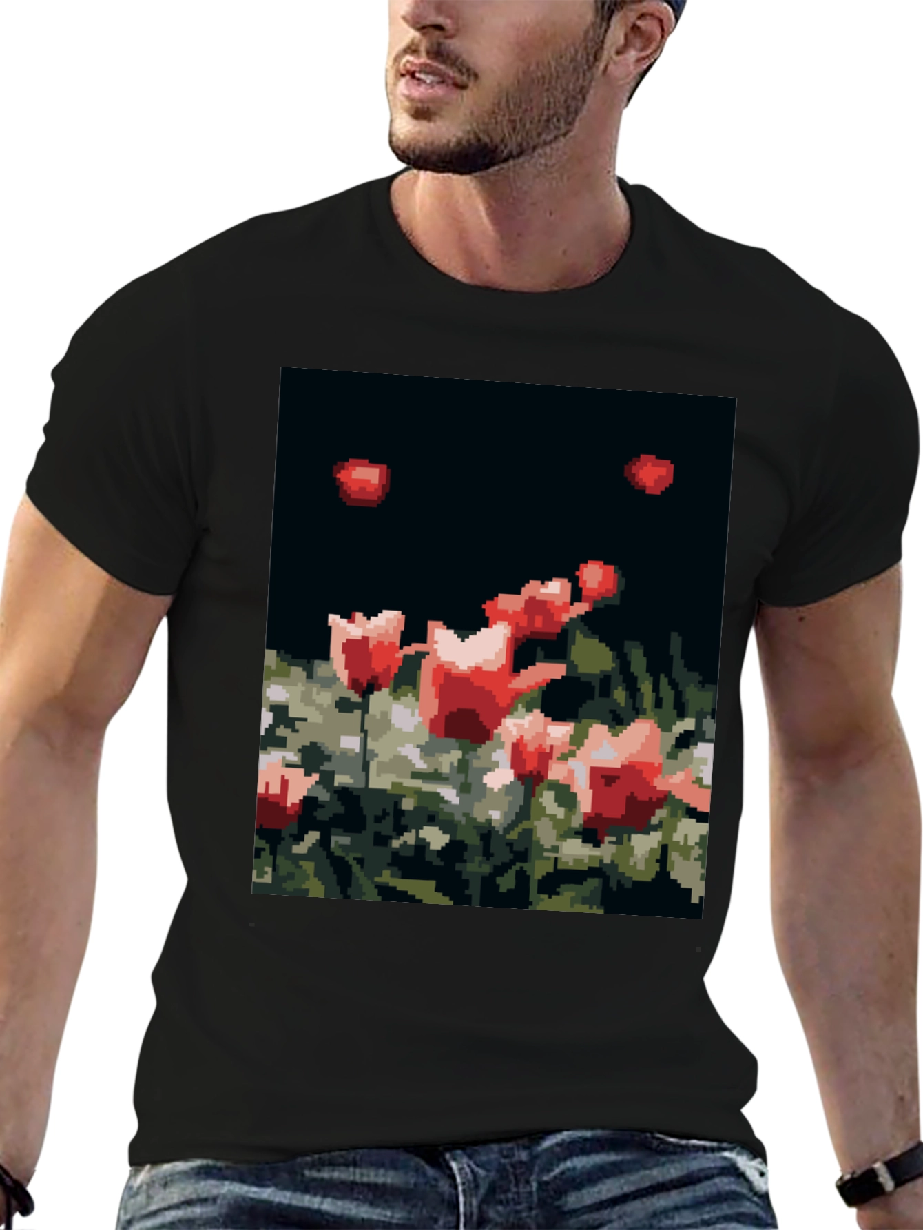 Pixelated Tulips Black T-Shirt