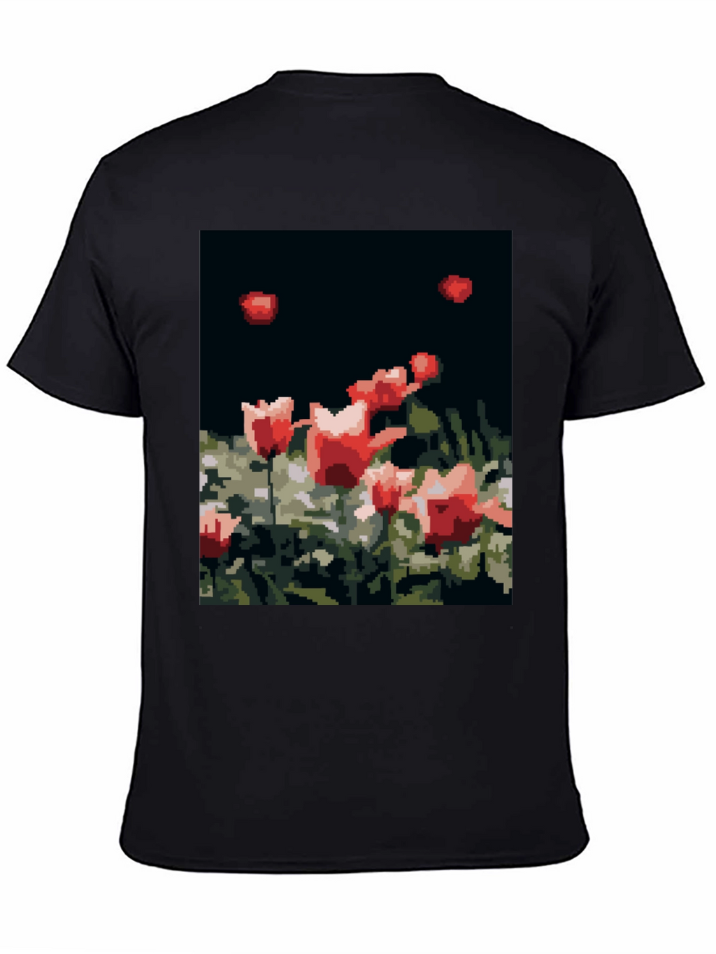 Pixelated Tulips Black T-Shirt