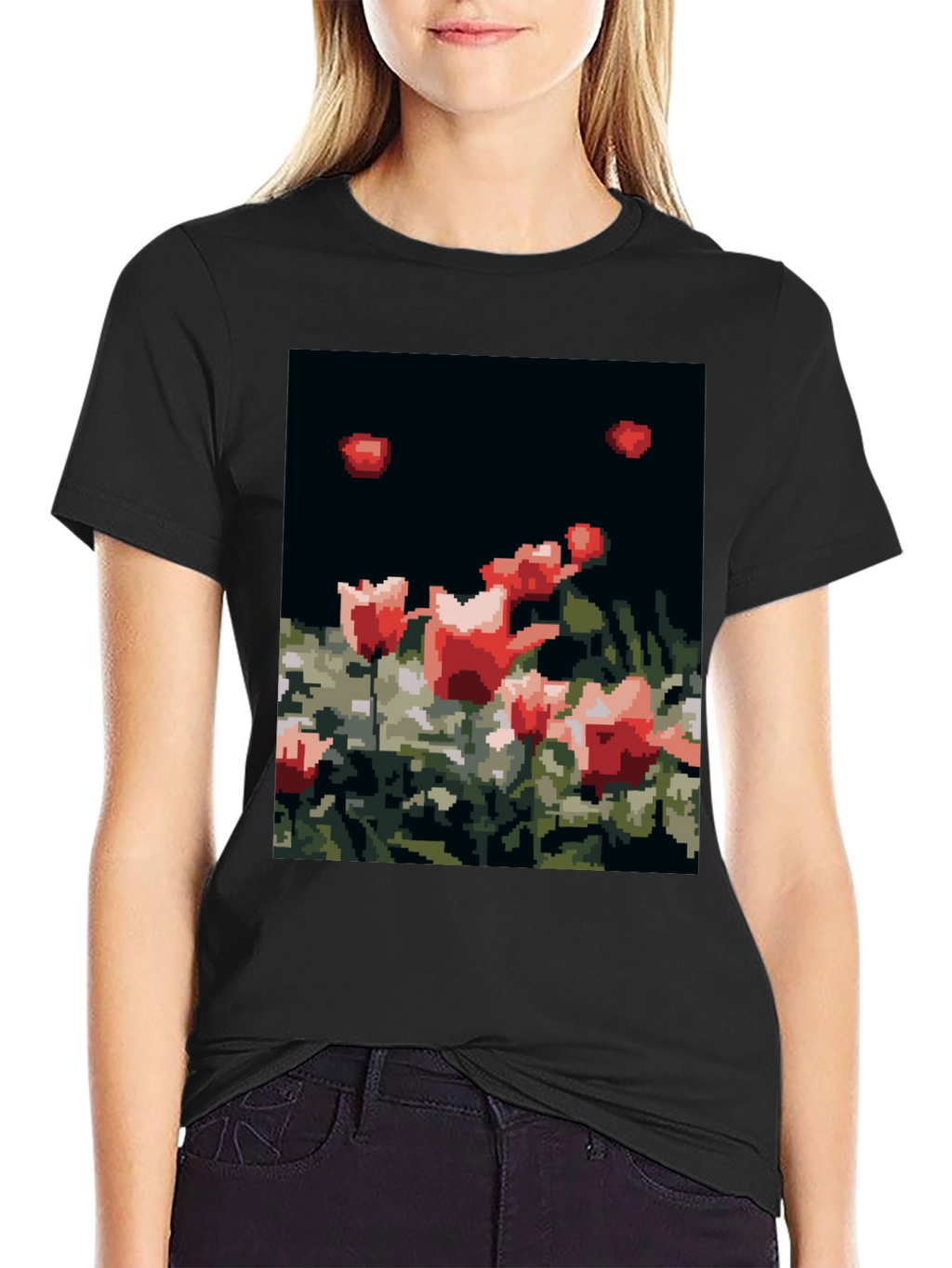 Pixelated Tulips Black T-Shirt