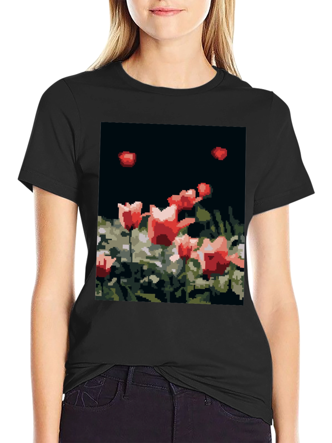 Pixelated Tulips Black T-Shirt