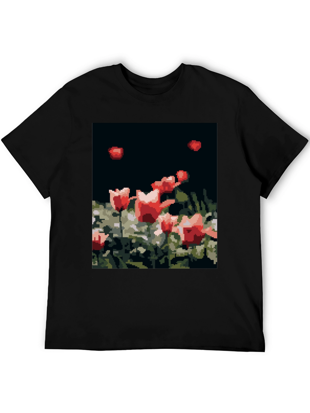 Pixelated Tulips Black T-Shirt