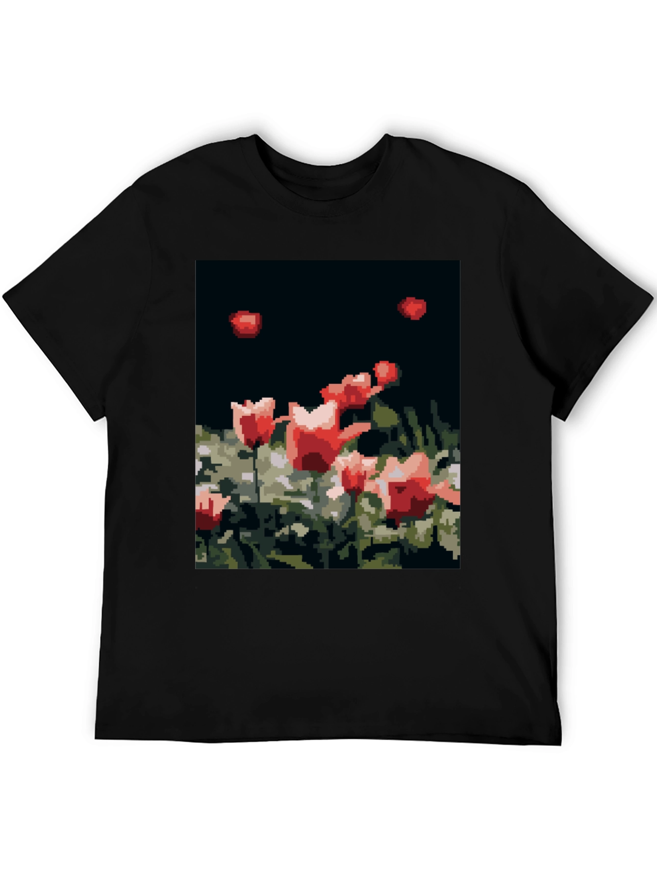 Pixelated Tulips Black T-Shirt
