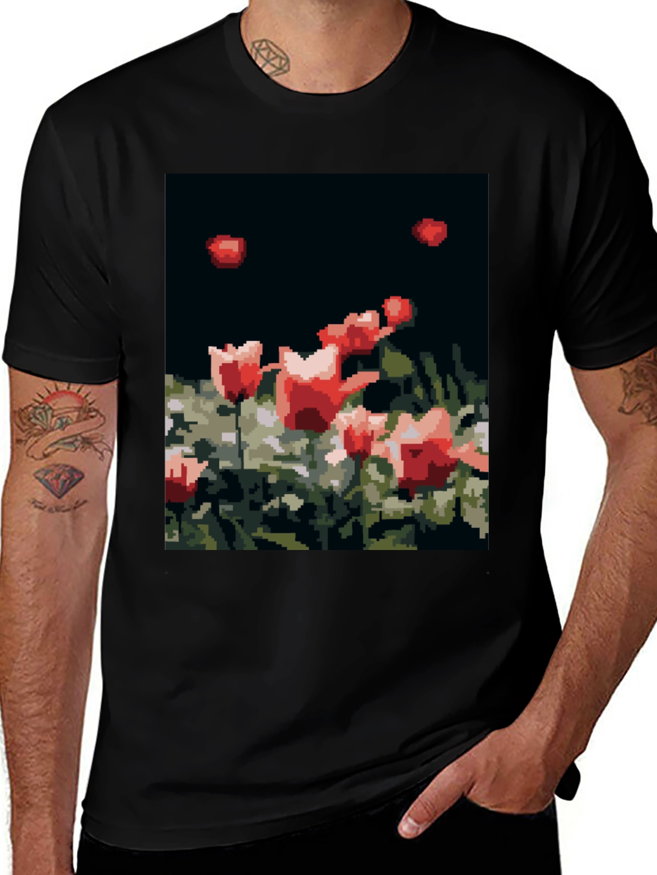 Pixelated Tulips Black T-Shirt