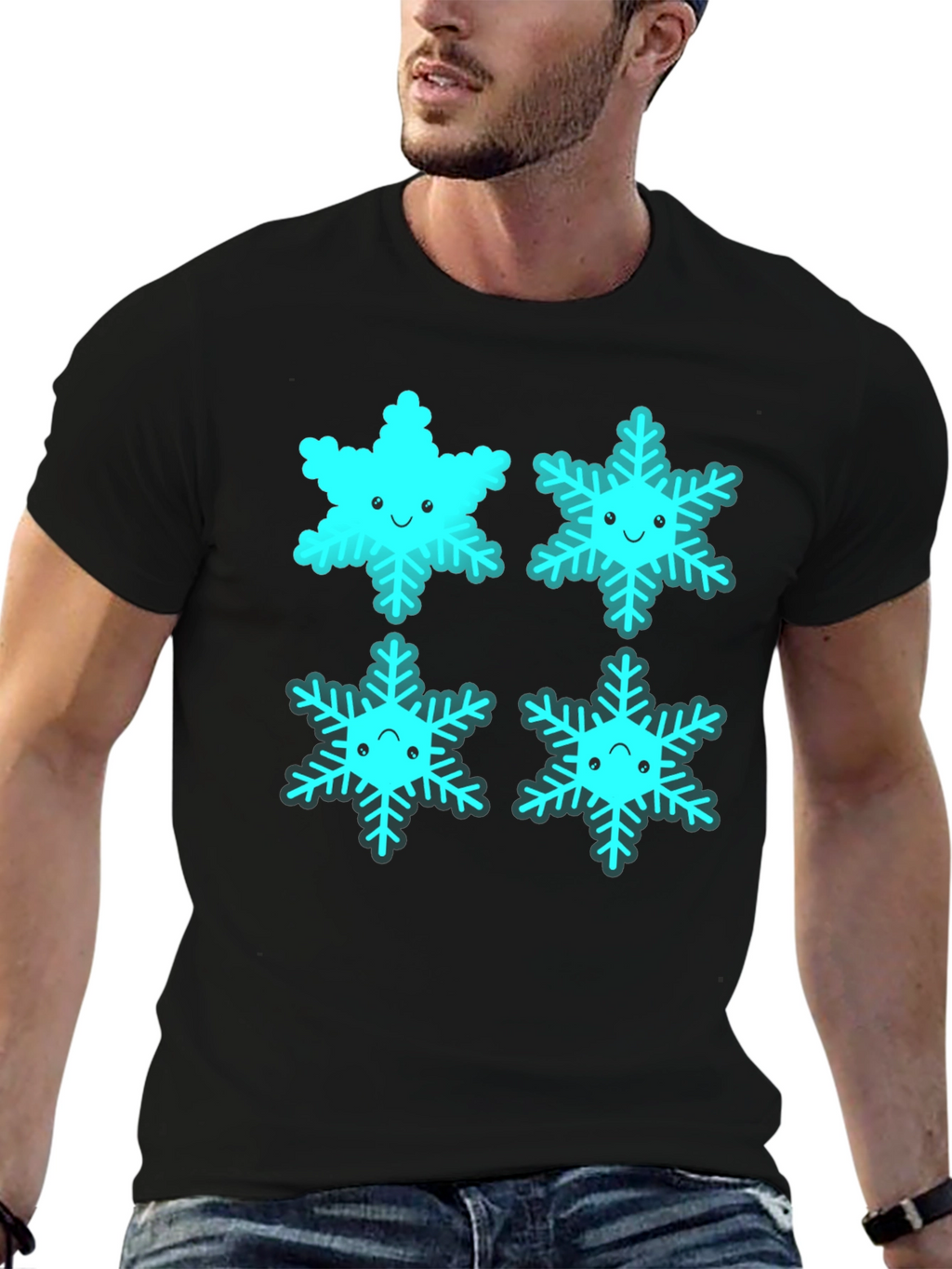 Cute Cartoon Snowflake Graphic Tee - Black
