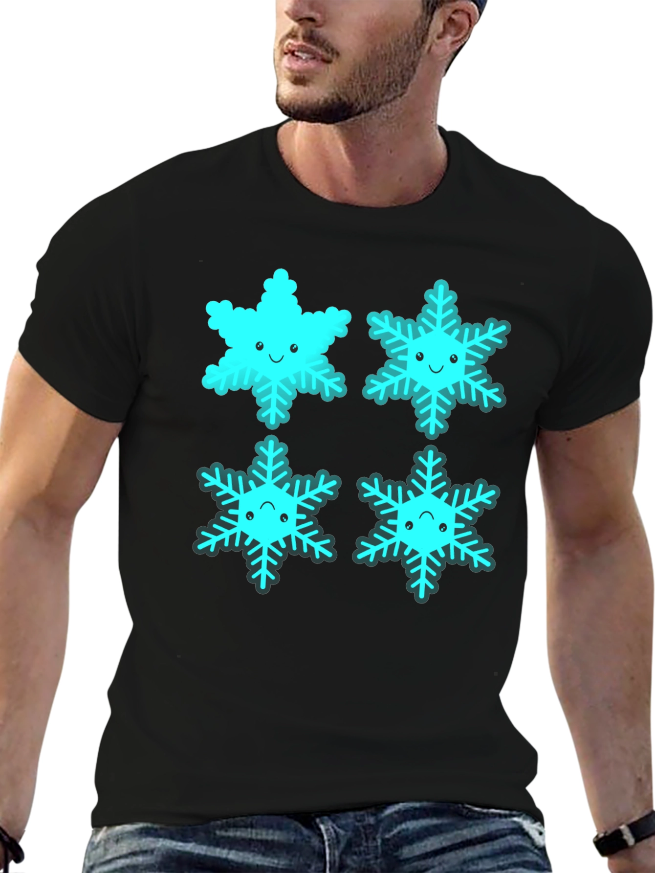 Cute Cartoon Snowflake Graphic Tee - Black