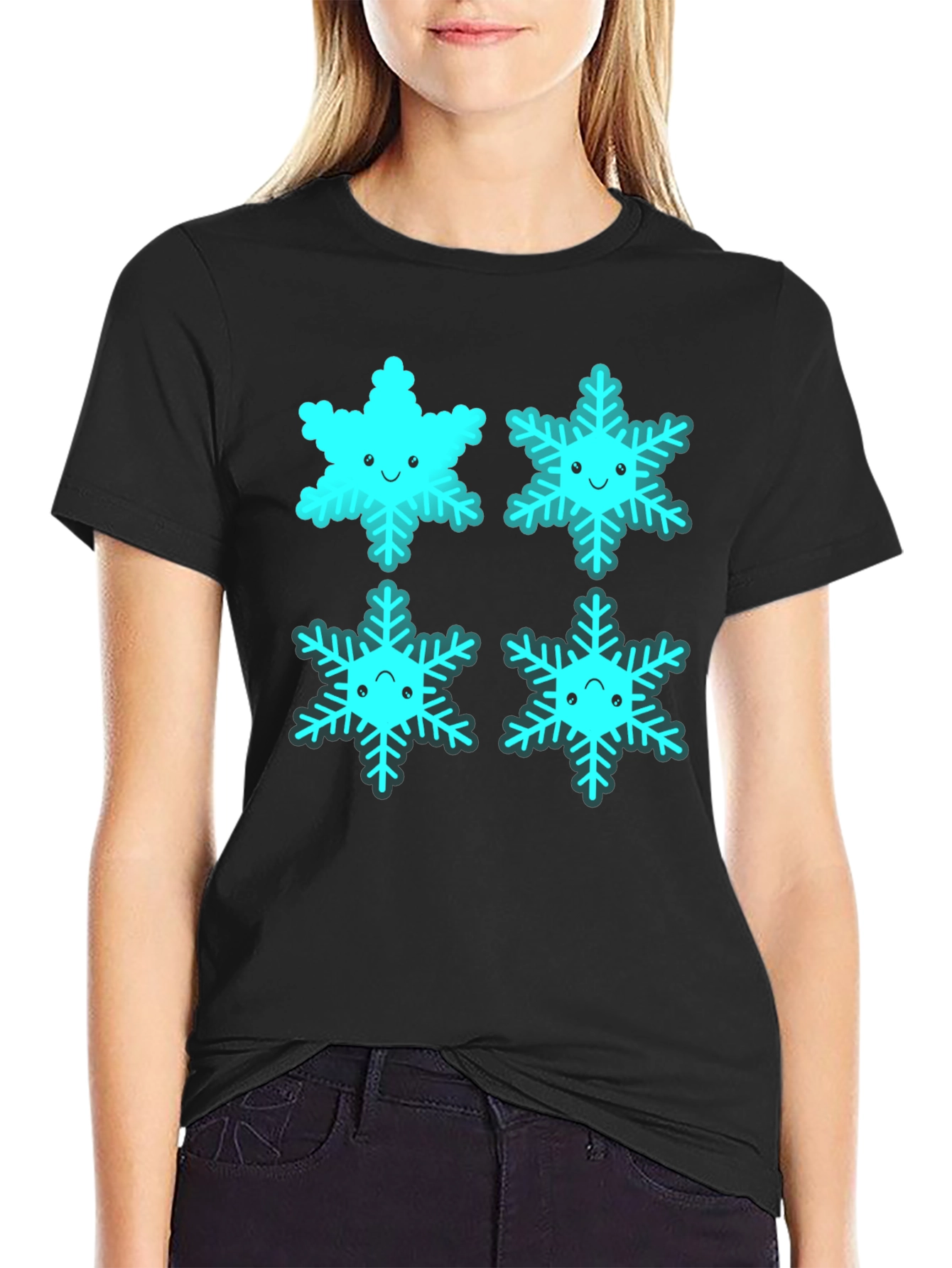 Cute Cartoon Snowflake Graphic Tee - Black