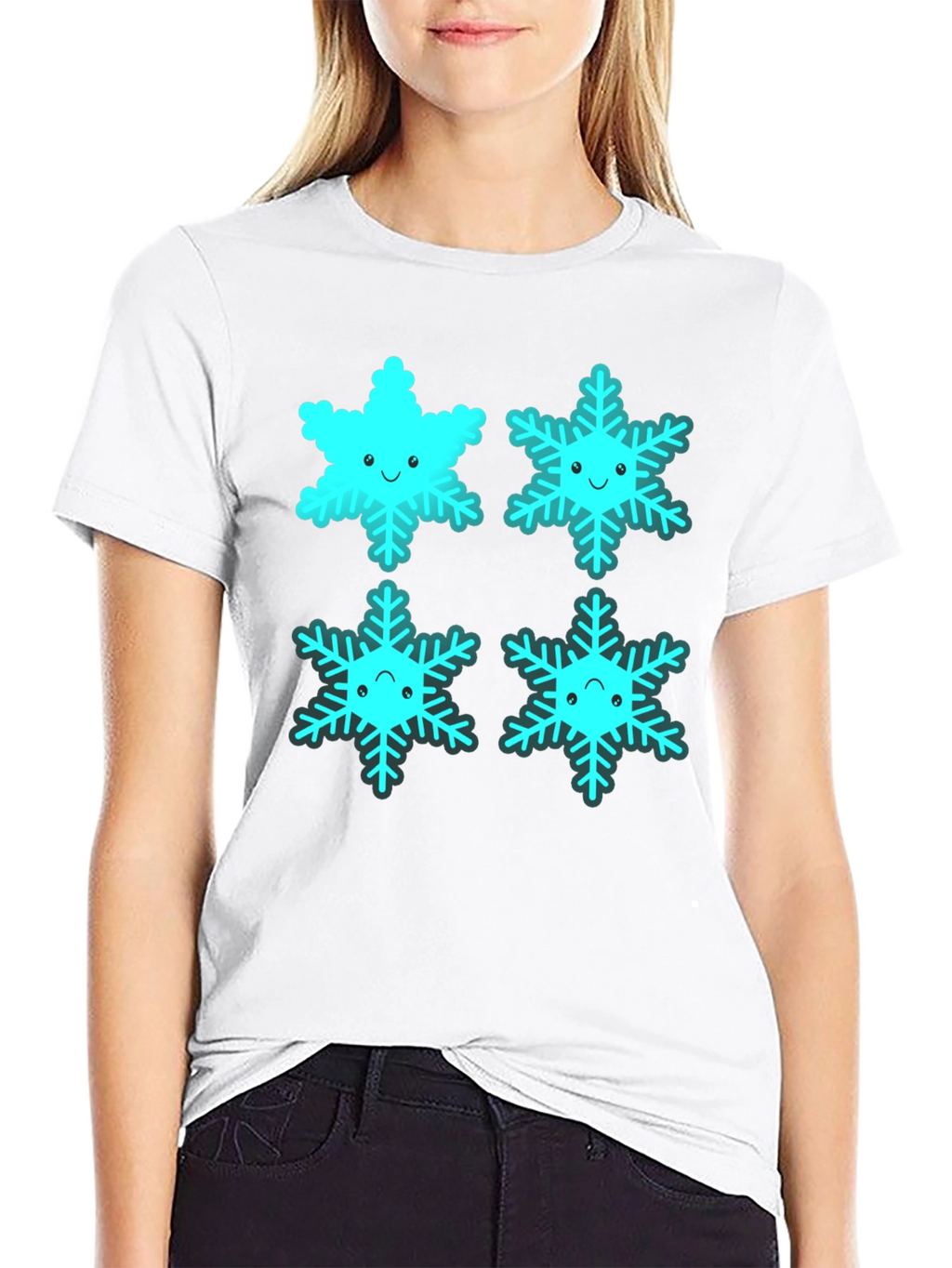 Cute Cartoon Snowflake Graphic Tee - Black