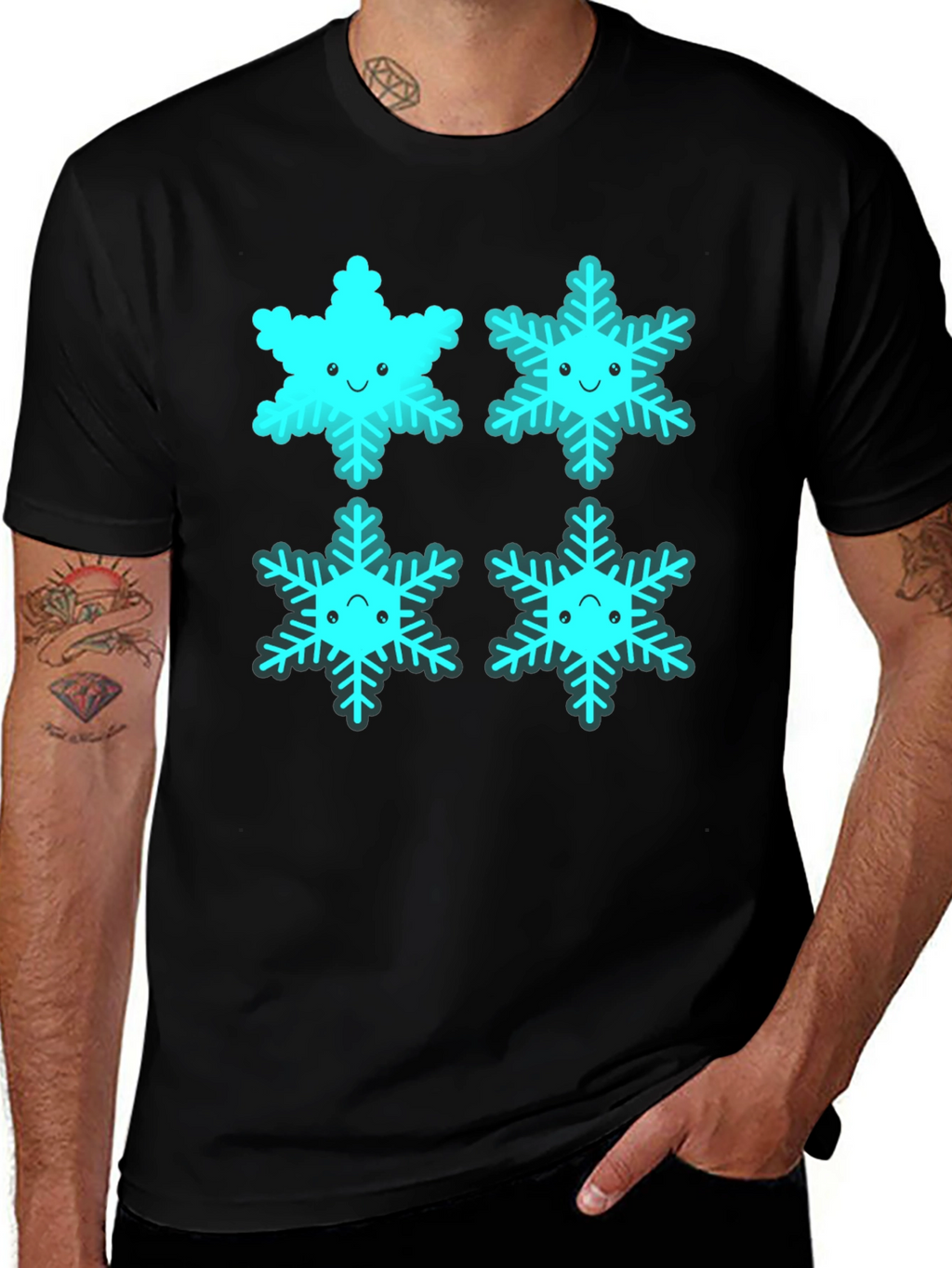 Cute Cartoon Snowflake Graphic Tee - Black