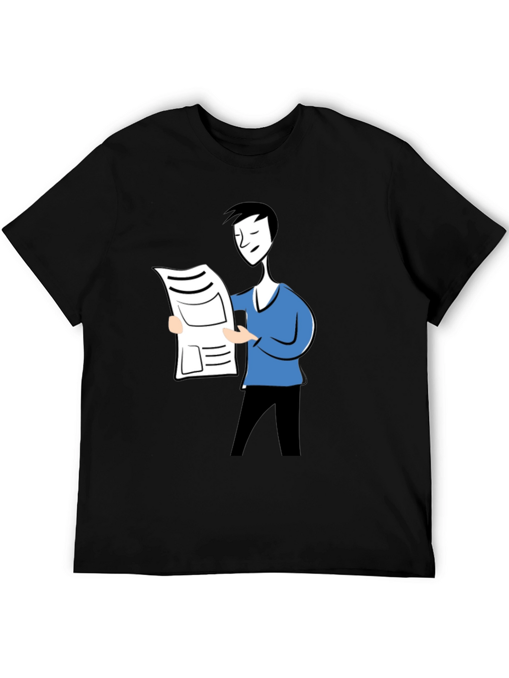 Cartoon Man Reading News Black T-Shirt