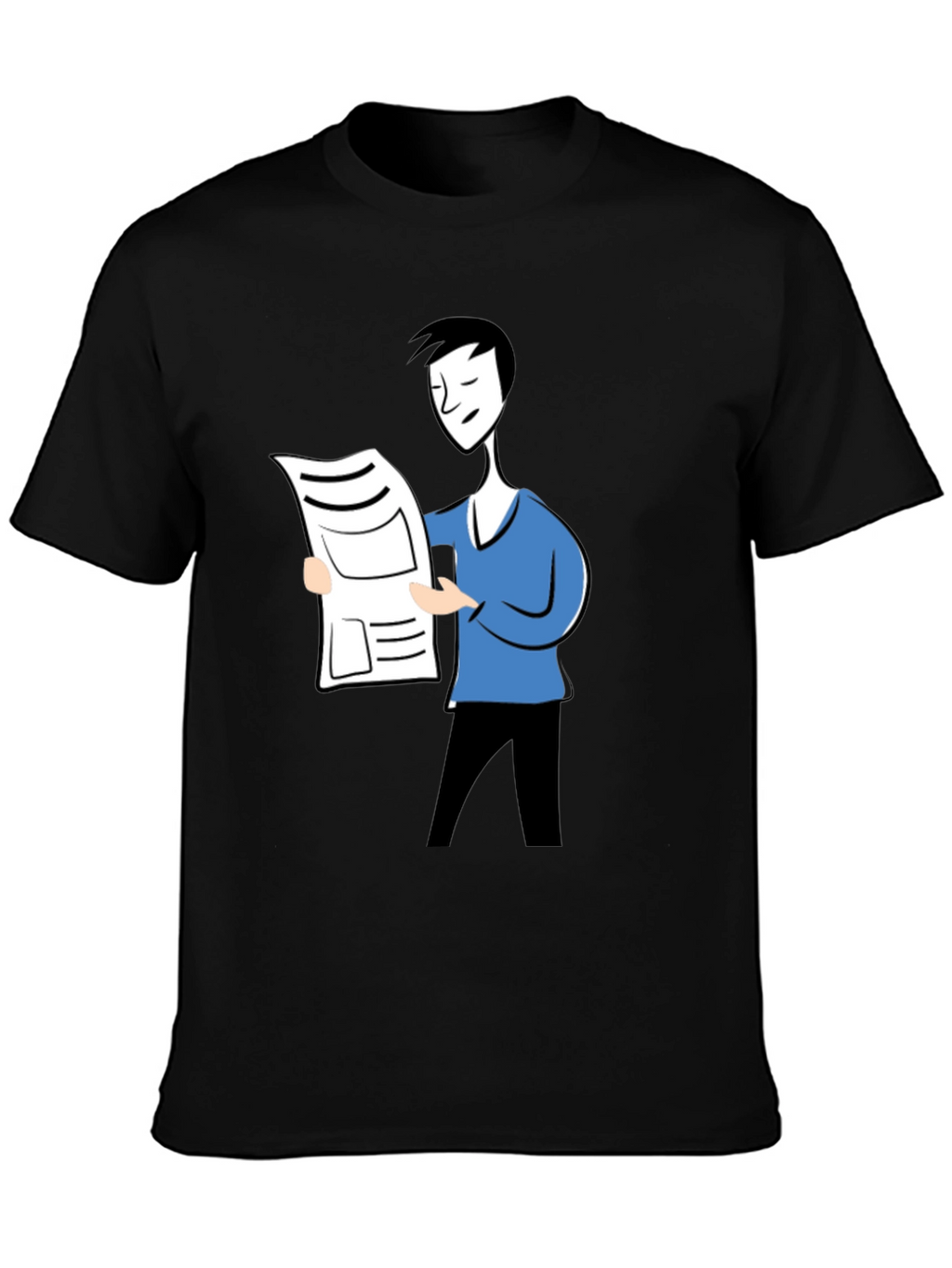 Cartoon Man Reading News Black T-Shirt