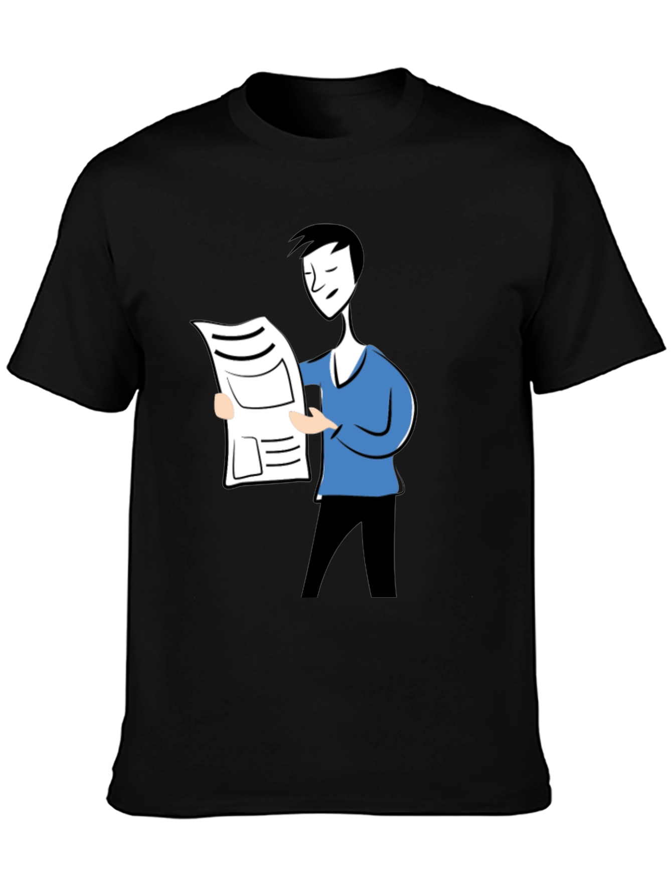 Cartoon Man Reading News Black T-Shirt