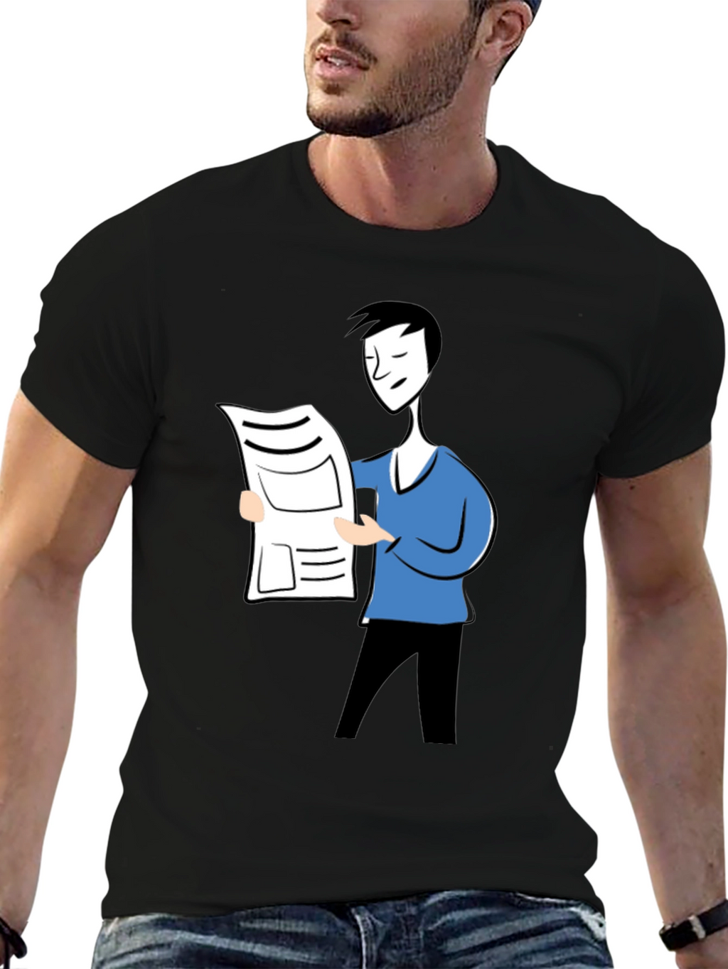 Cartoon Man Reading News Black T-Shirt