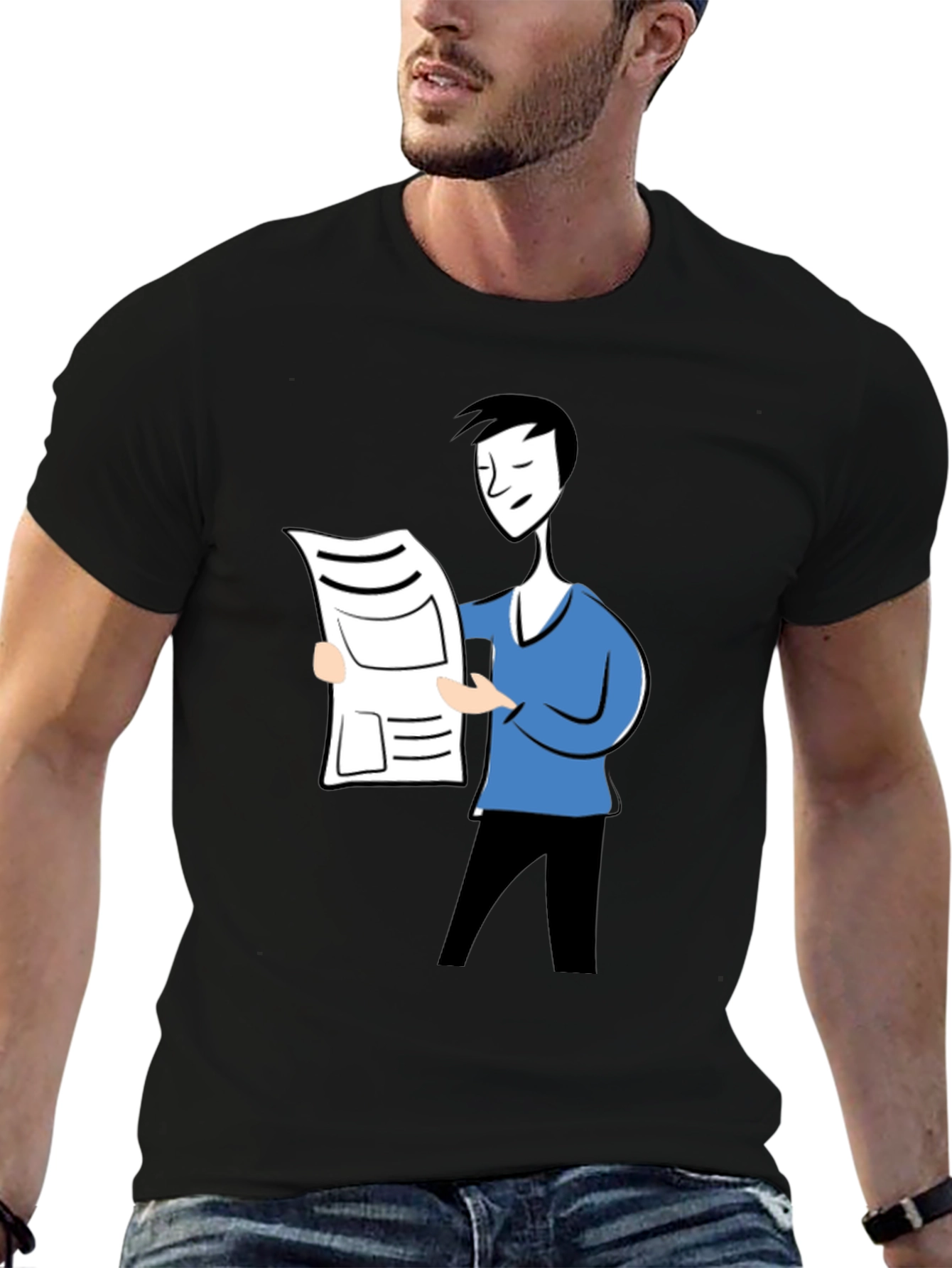 Cartoon Man Reading News Black T-Shirt